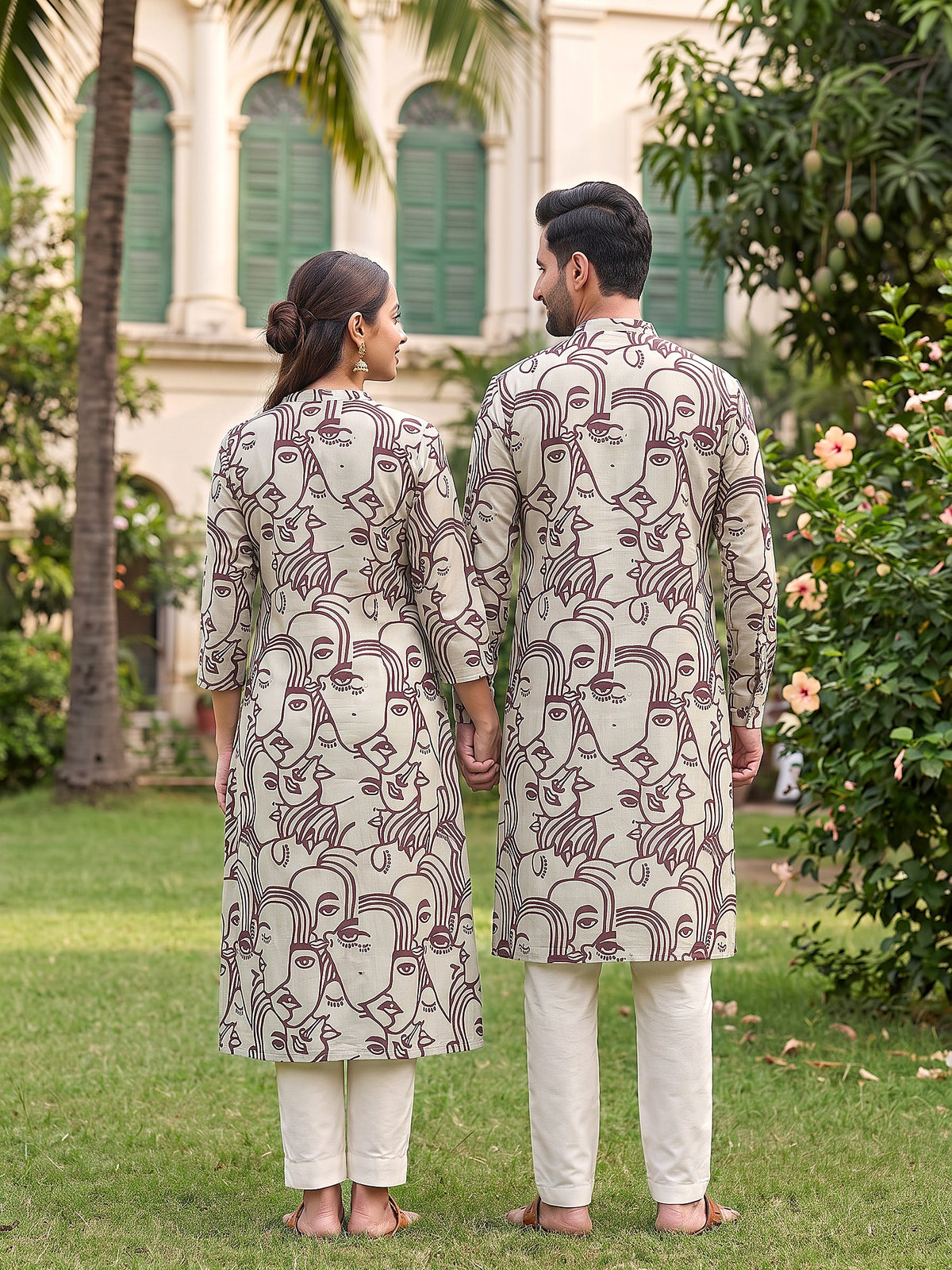 Jodi Collection by Gatim maroon abstract face art couple kurta set, back view
