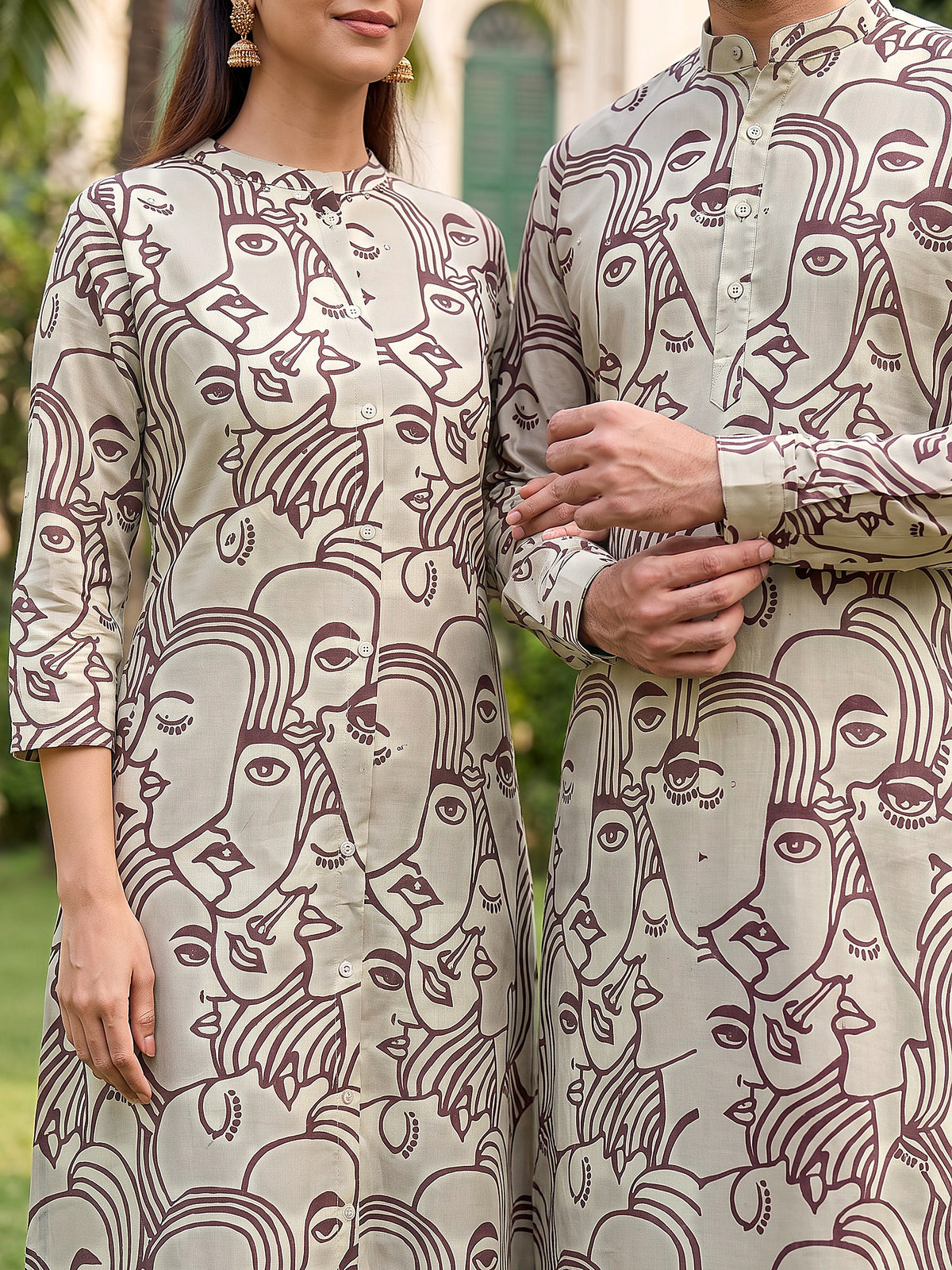 Jodi Collection by Gatim maroon abstract face art couple kurta set, cuff detail