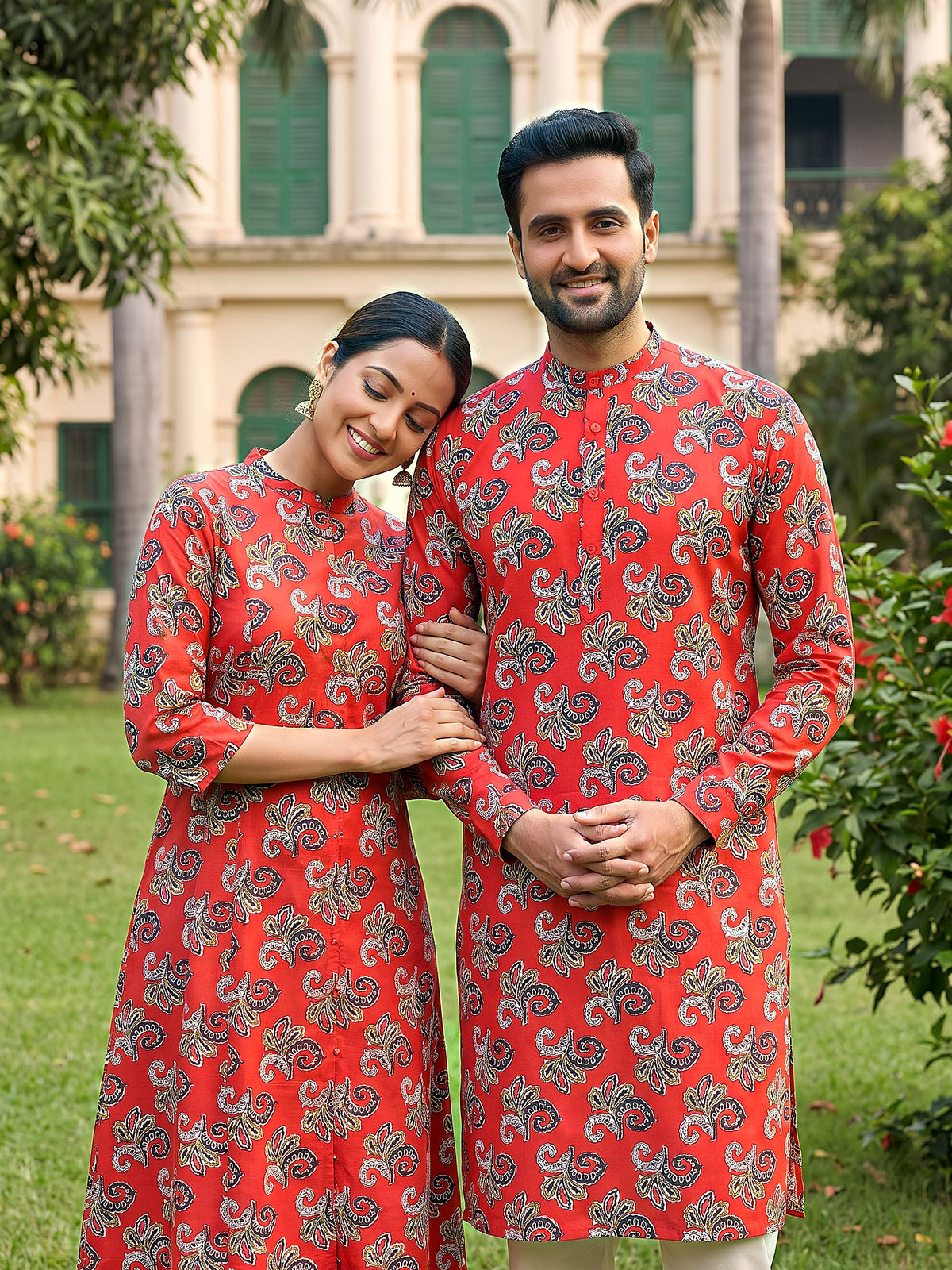 Jodi Collection by Gatim bold red floral couple kurta set, together