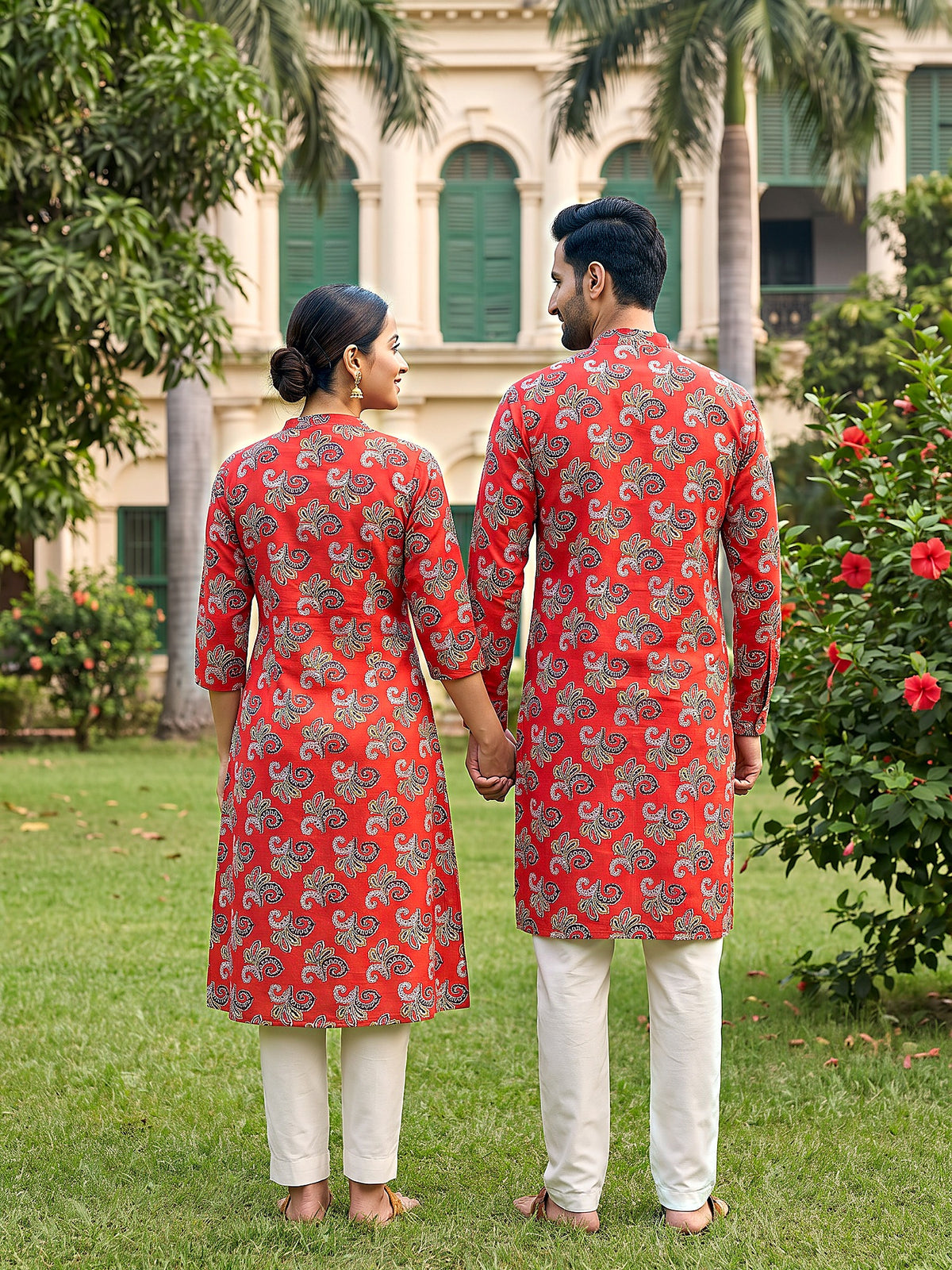 Jodi Collection by Gatim bold red floral couple kurta set, back view
