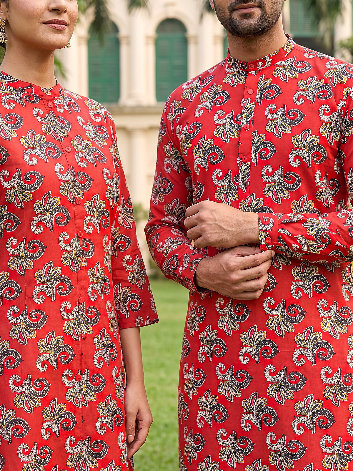 Jodi Collection by Gatim bold red floral couple kurta set, cuff detail