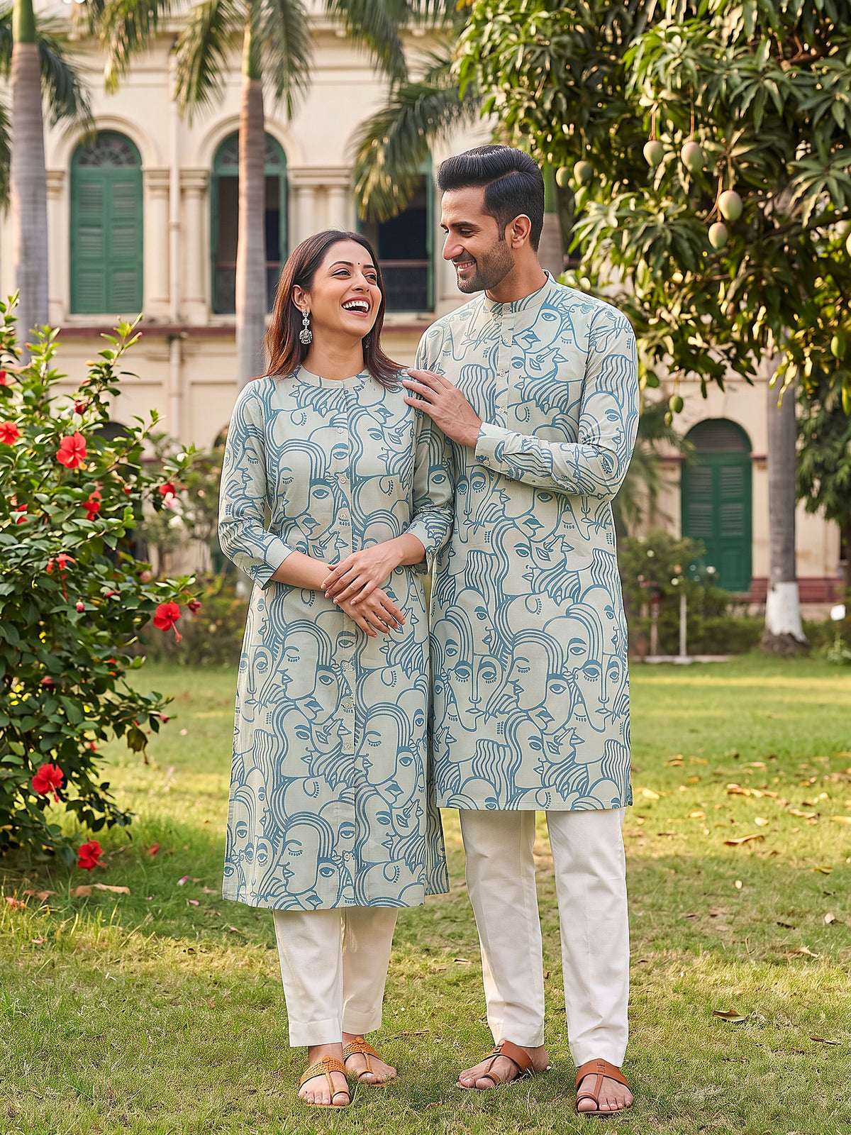 Jodi Collection by Gatim sky blue abstract face art couple kurta set, candid