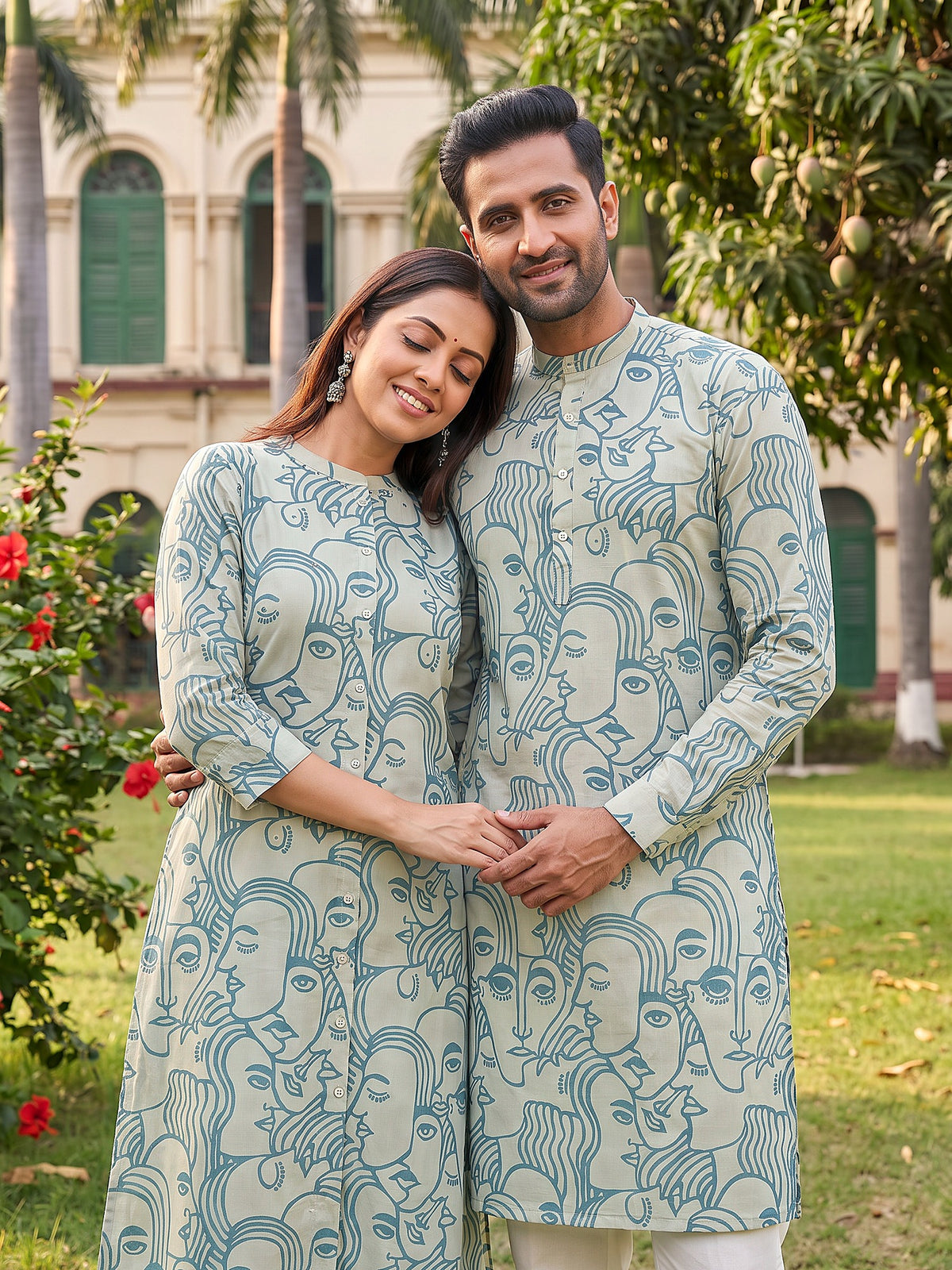 Jodi Collection by Gatim sky blue abstract face art couple kurta set, together