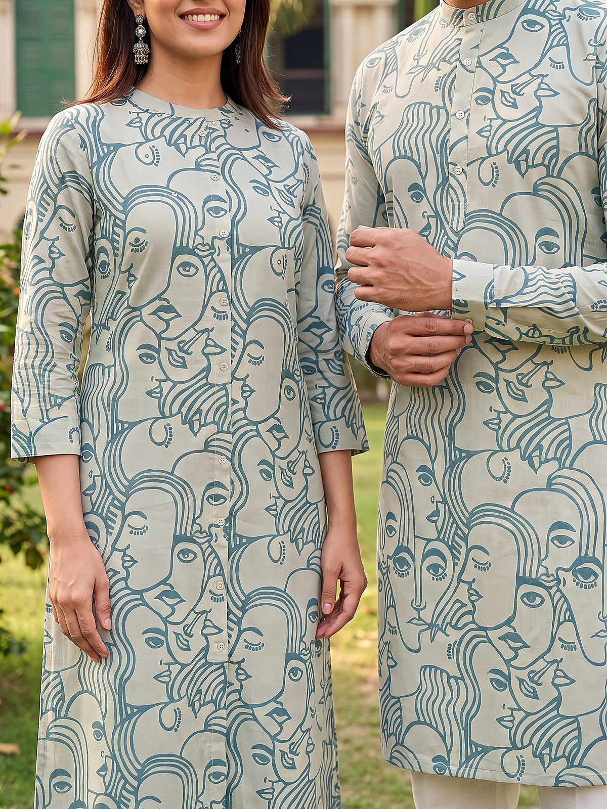 Jodi Collection by Gatim sky blue abstract face art couple kurta set, cuff detail