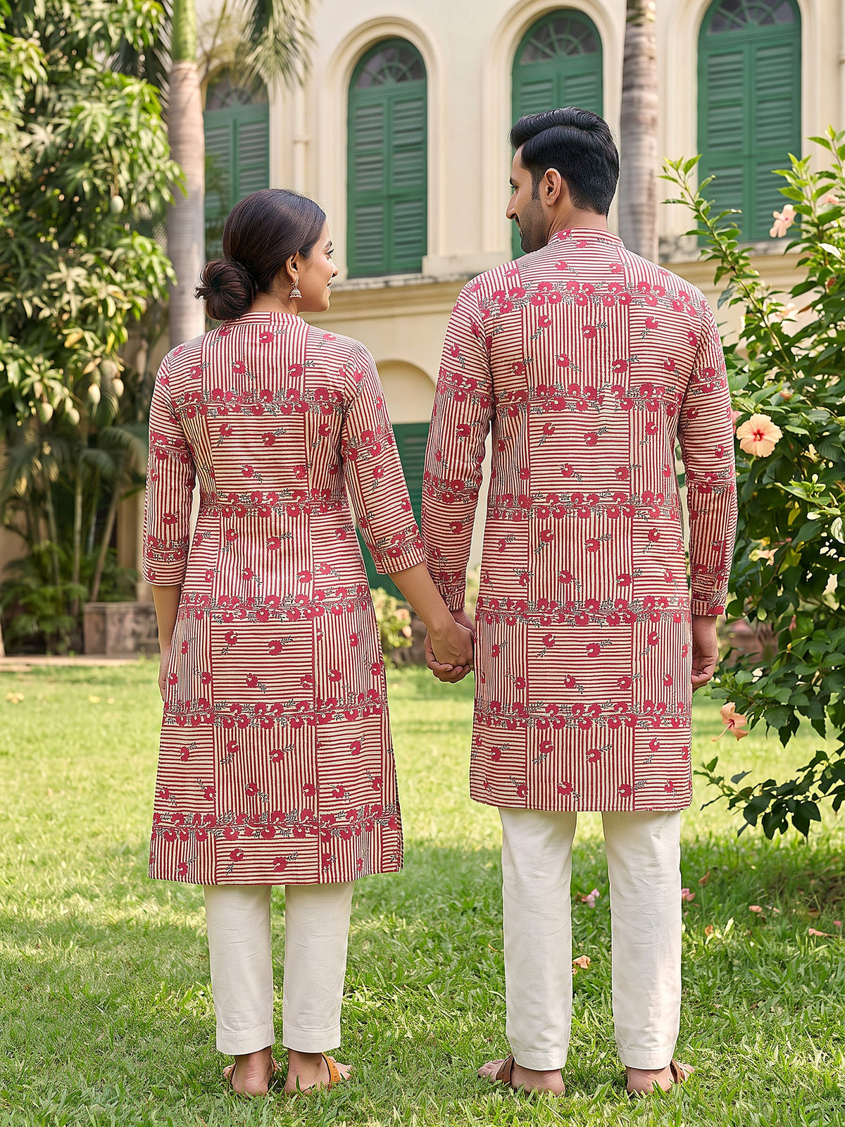 Jodi Collection by Gatim red stripe floral couple kurta set, back view