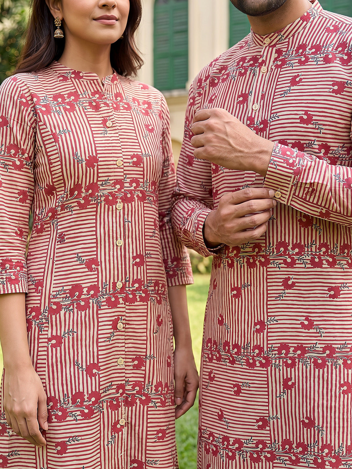 Jodi Collection by Gatim red stripe floral couple kurta set, cuff detail