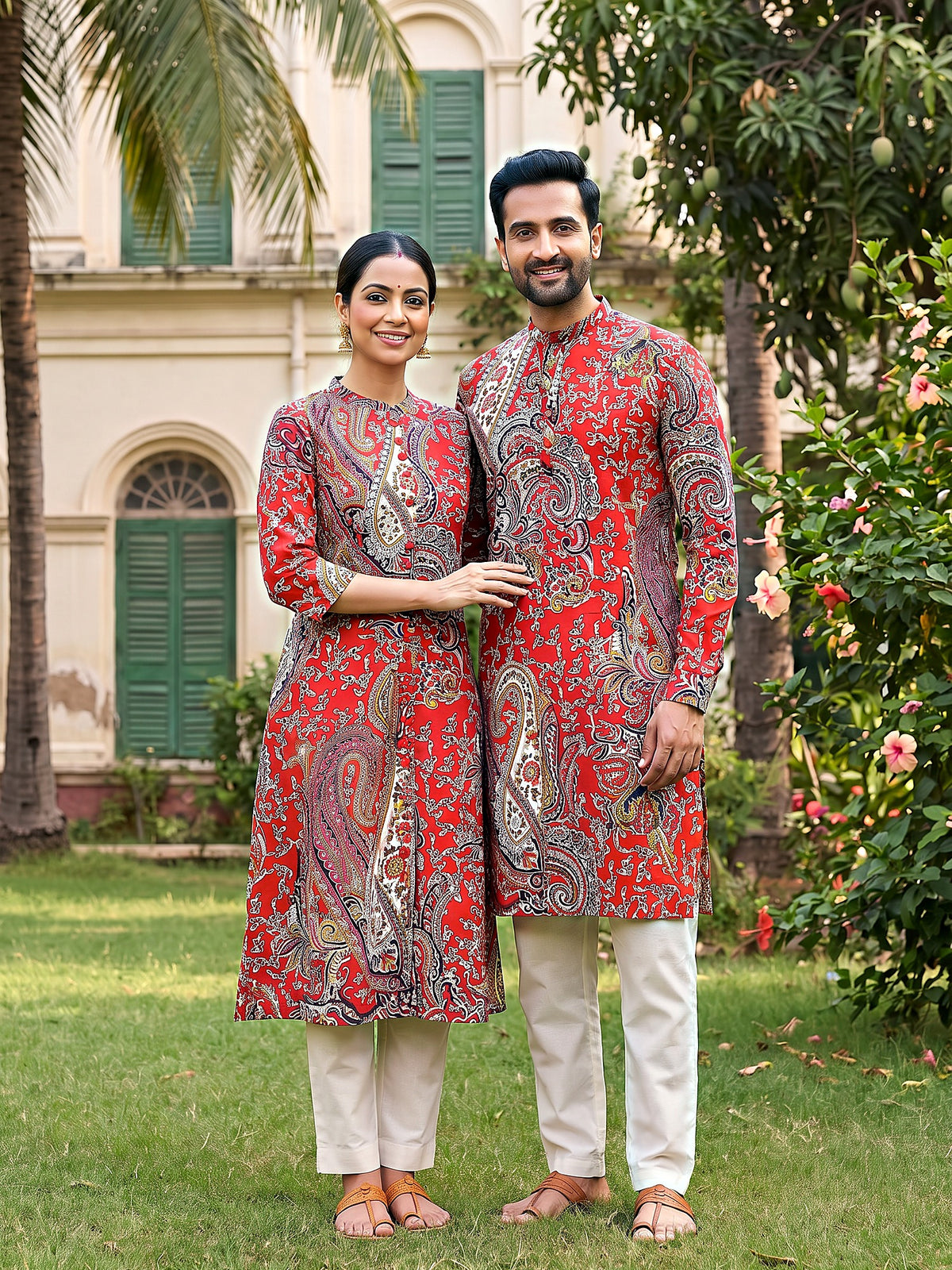 Jodi Collection by Gatim red paisley couple kurta set, front view