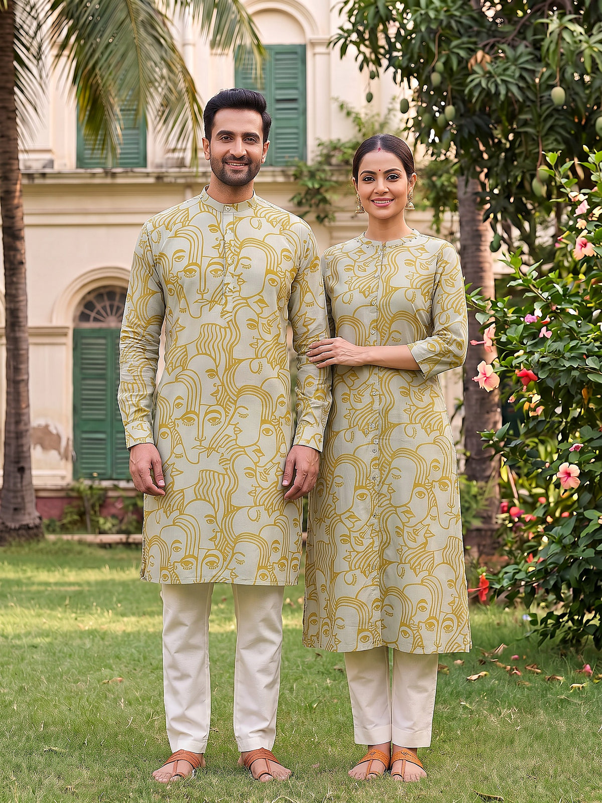 Jodi Collection by Gatim sage green abstract face art couple kurta set, front view