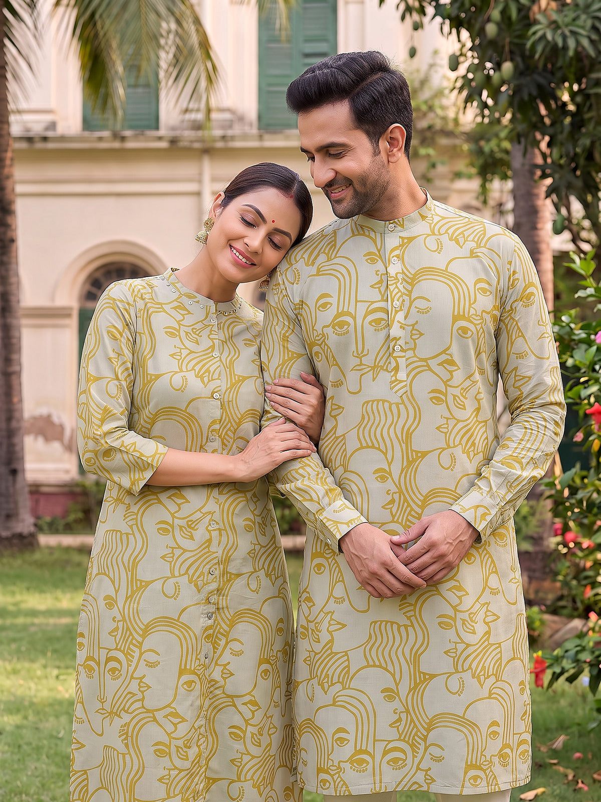 Jodi Collection by Gatim sage green abstract face art couple kurta set, together