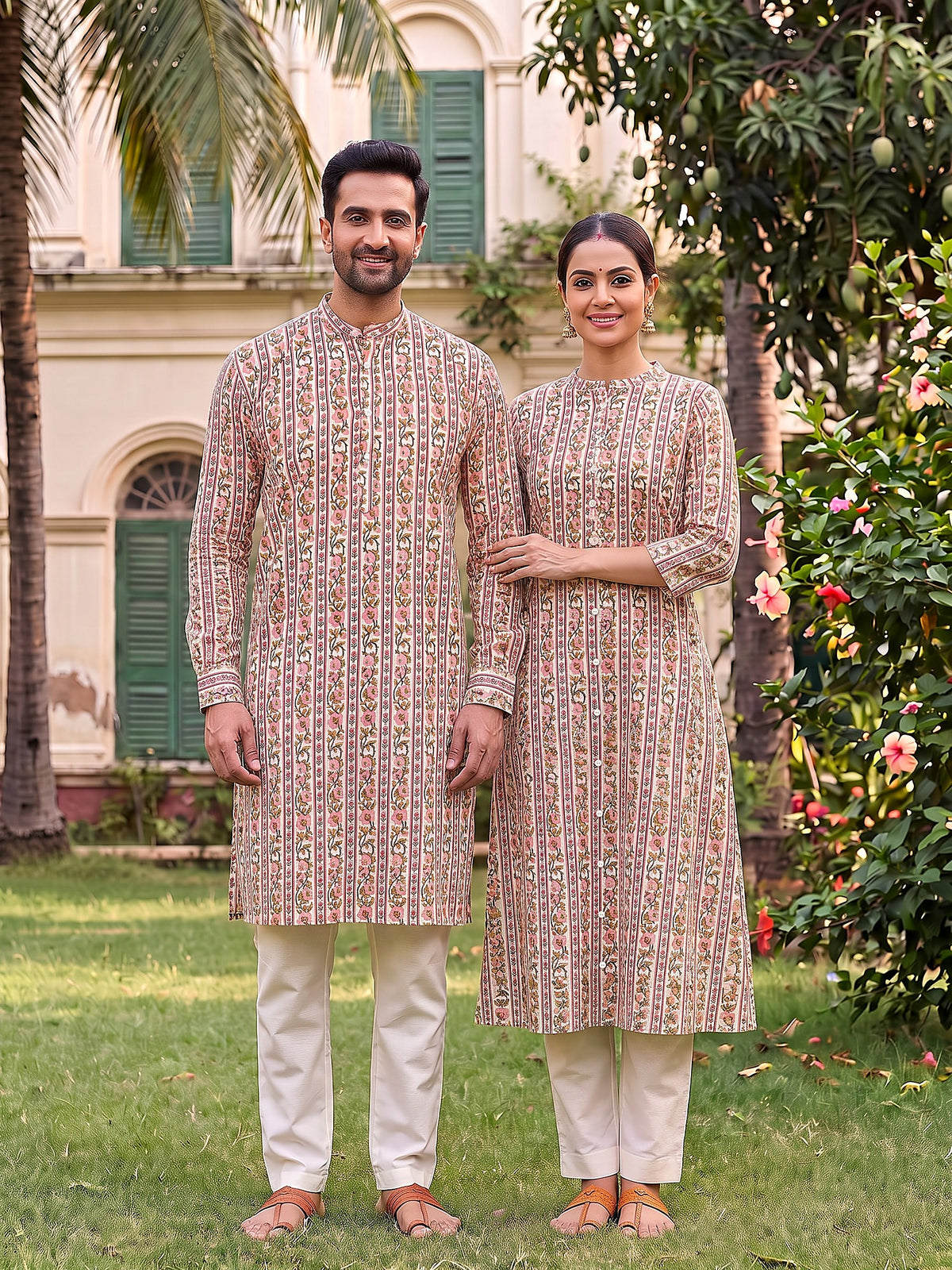 Jodi Collection by Gatim pink and yellow floral couple kurta set, front view