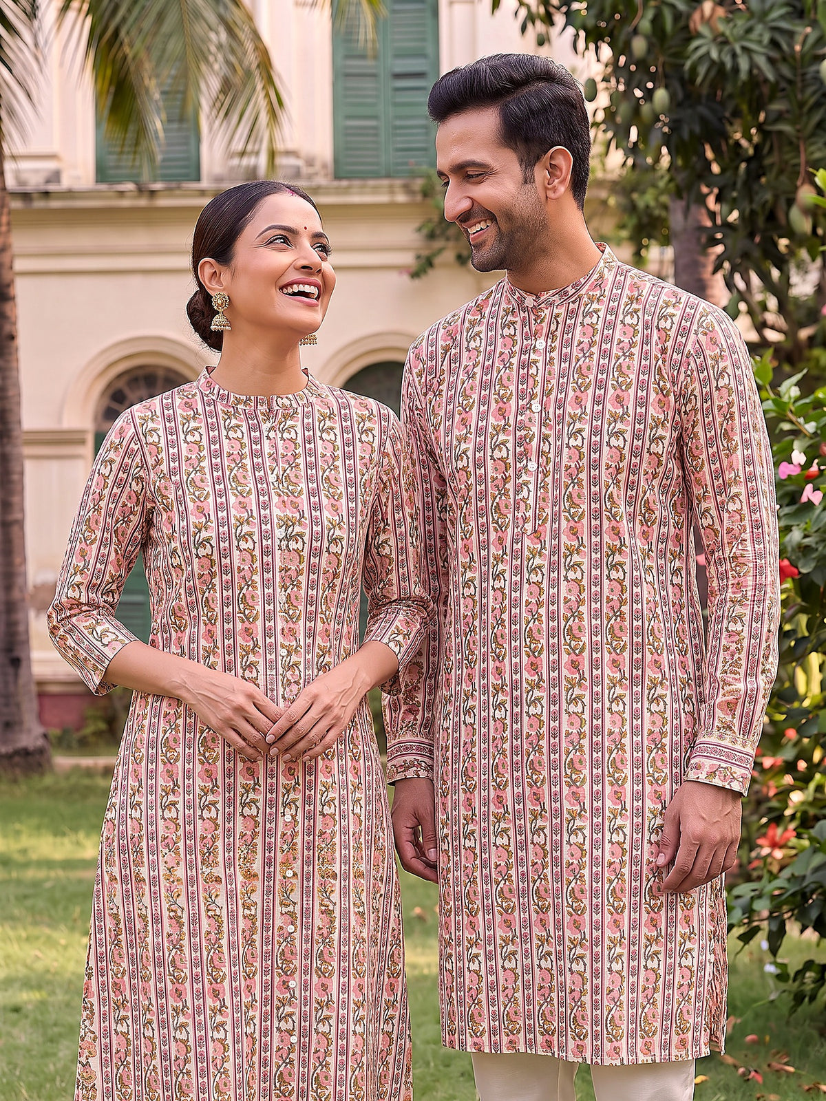 Jodi Collection by Gatim pink and yellow floral couple kurta set, candid