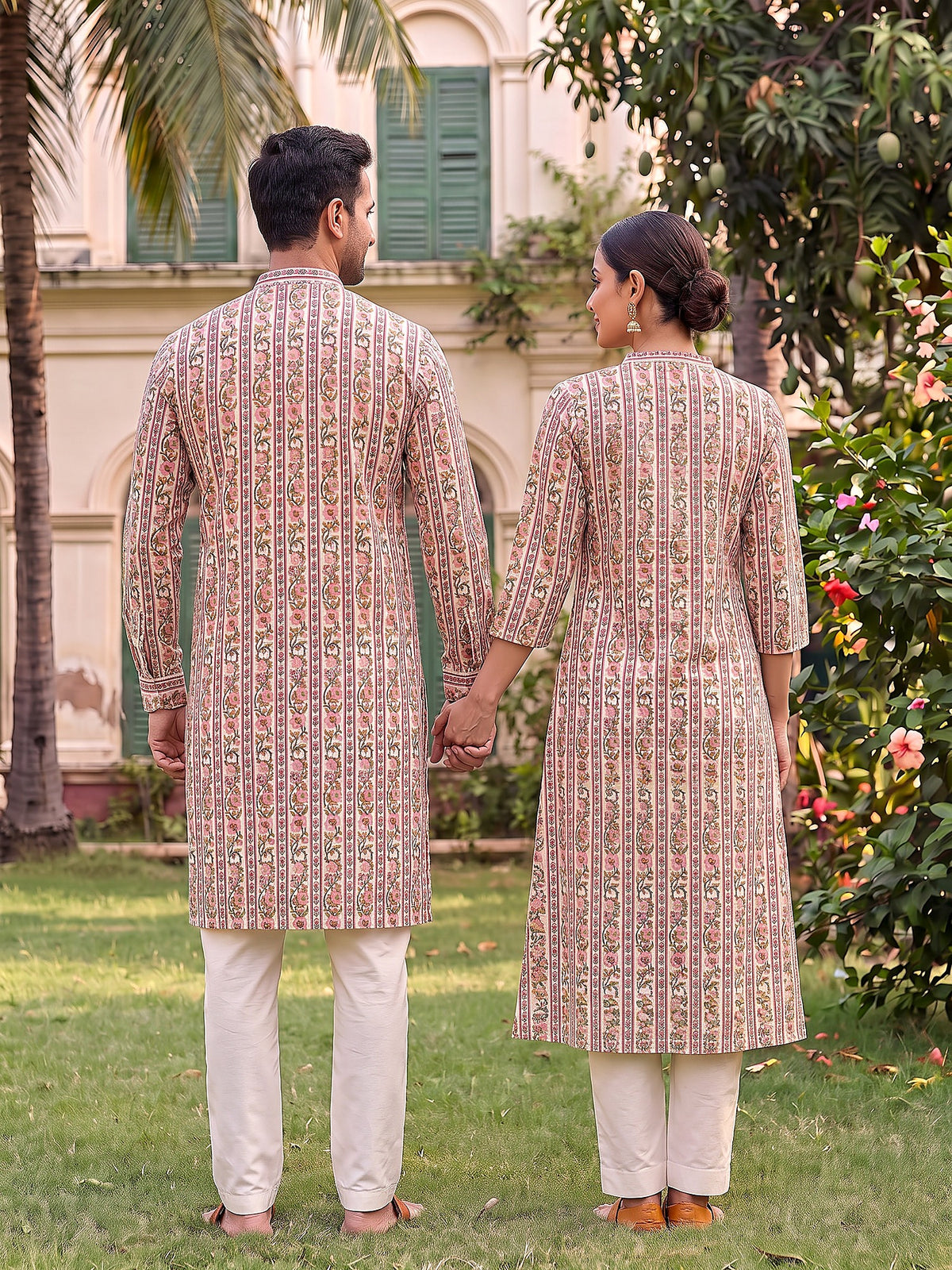 Jodi Collection by Gatim pink and yellow floral couple kurta set, back view
