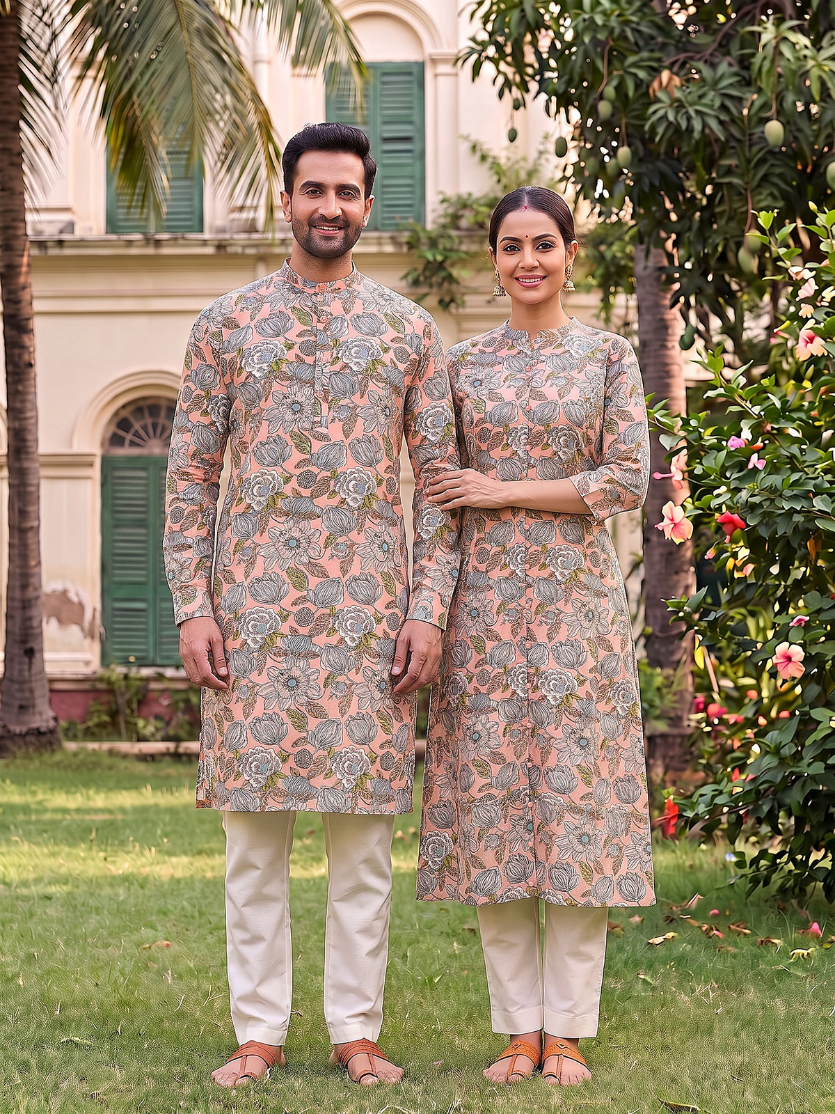 Jodi Collection by Gatim pink base floral couple kurta set, front view