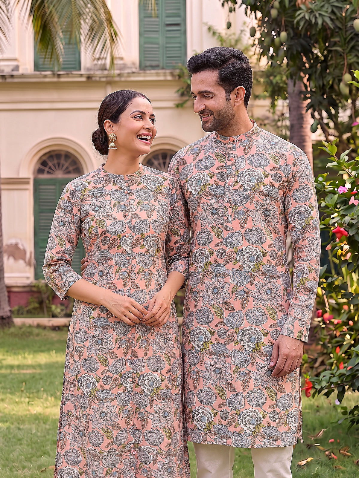 Jodi Collection by Gatim pink base floral couple kurta set, candid