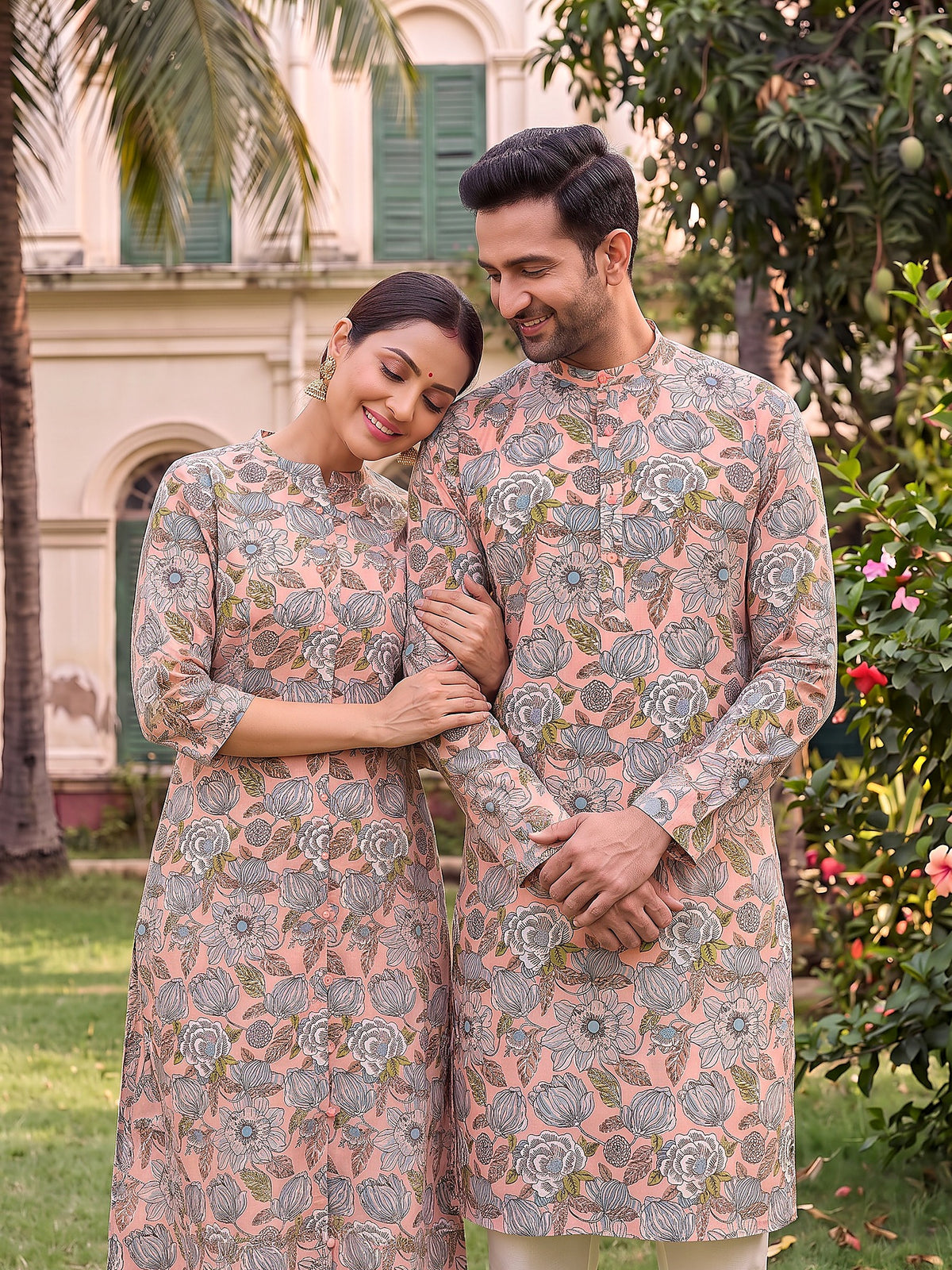 Jodi Collection by Gatim pink base floral couple kurta set, together