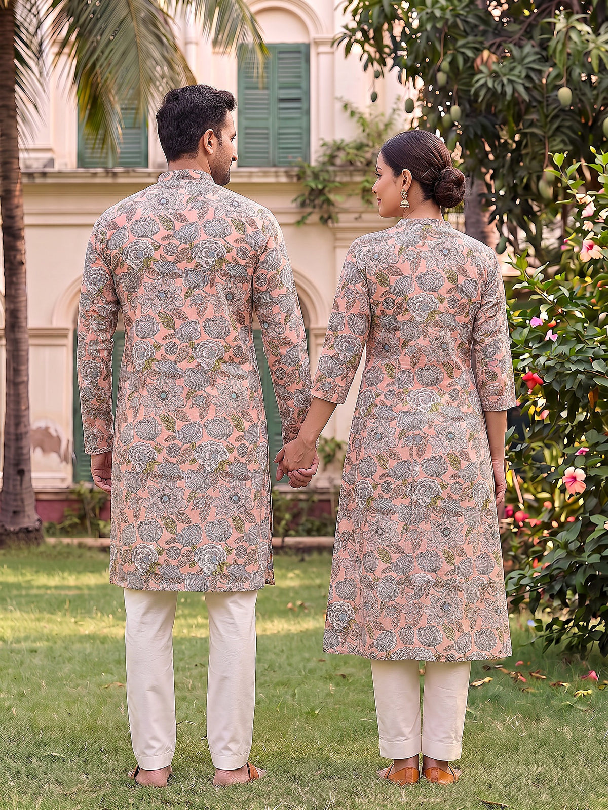 Jodi Collection by Gatim pink base floral couple kurta set, back view