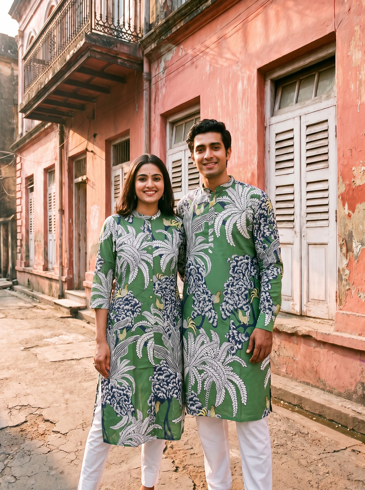 Jodi Collection by Gatim green tropical print couple kurta set, front view