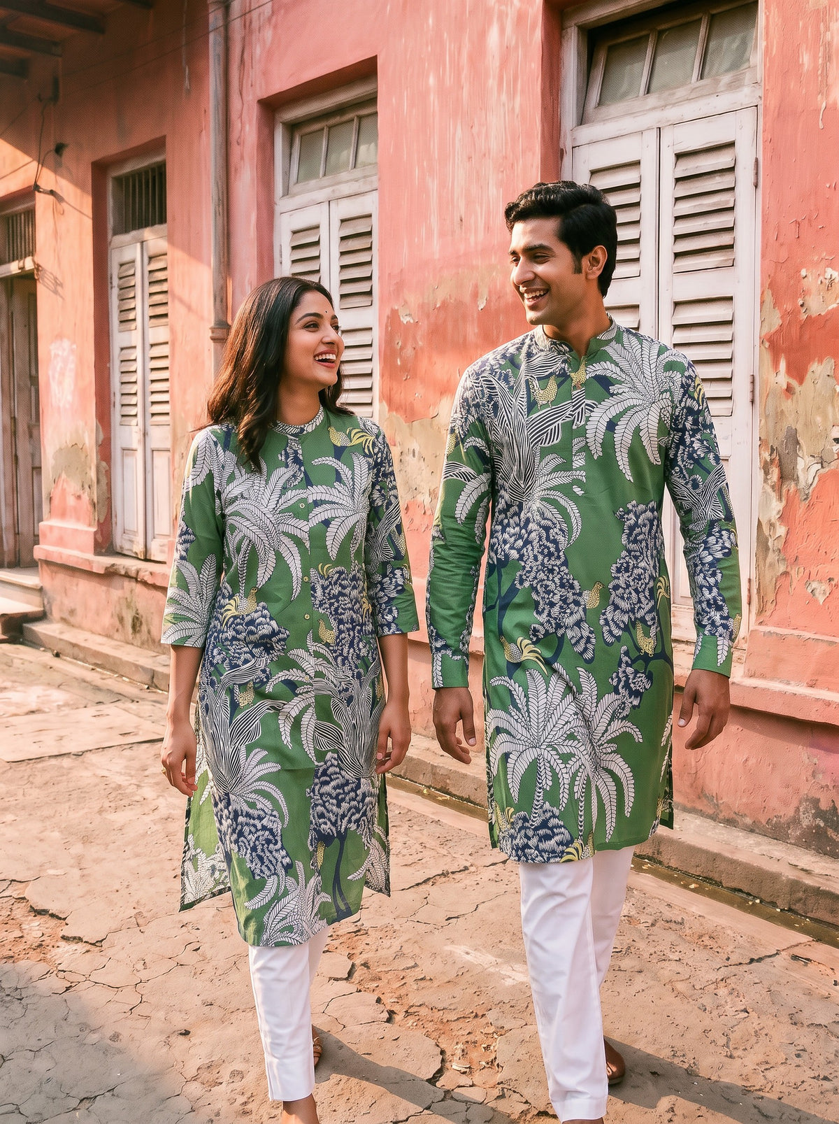 Jodi Collection by Gatim green tropical print couple kurta set, walking