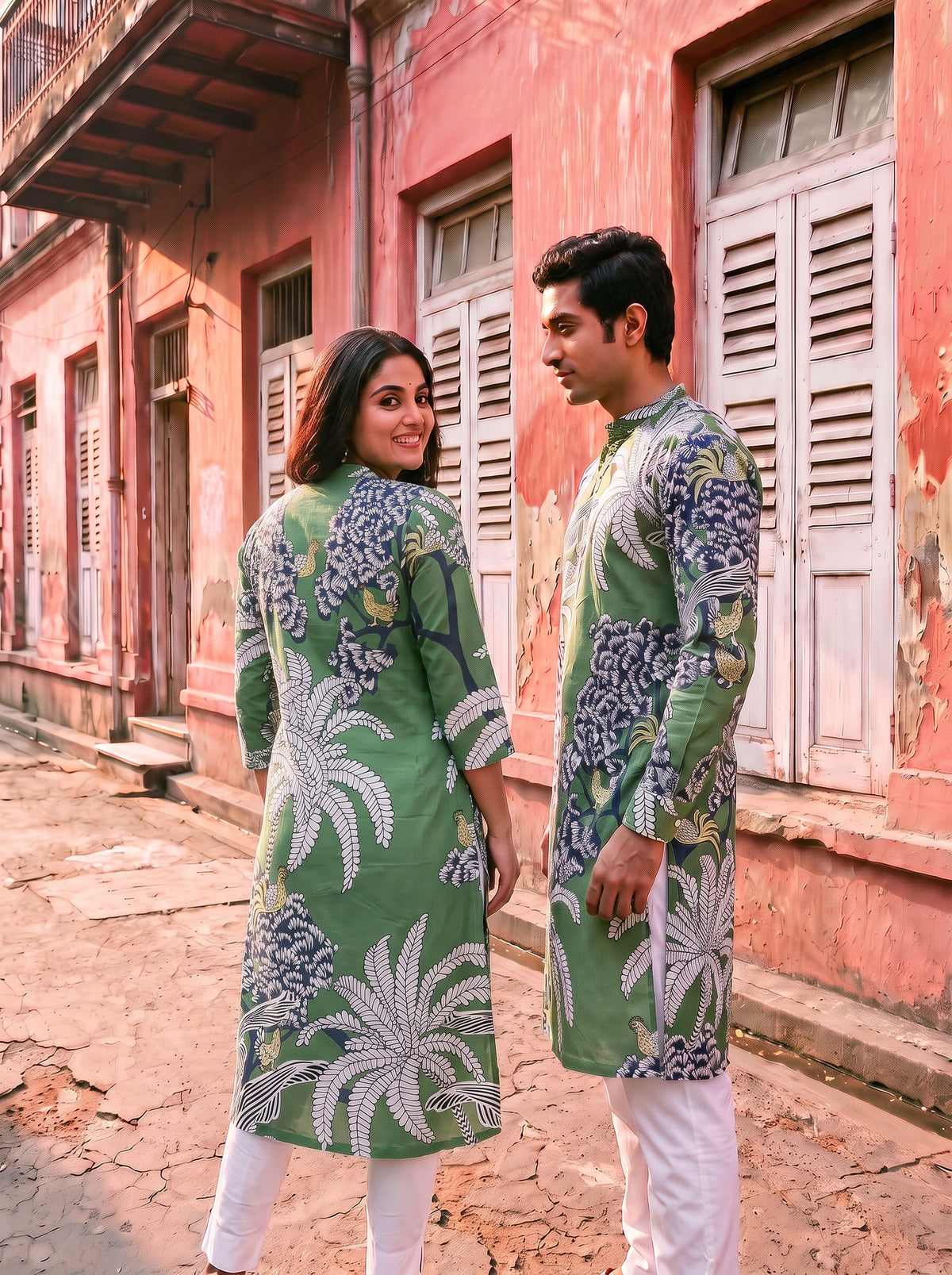 Jodi Collection by Gatim green tropical print couple kurta set, side and back view