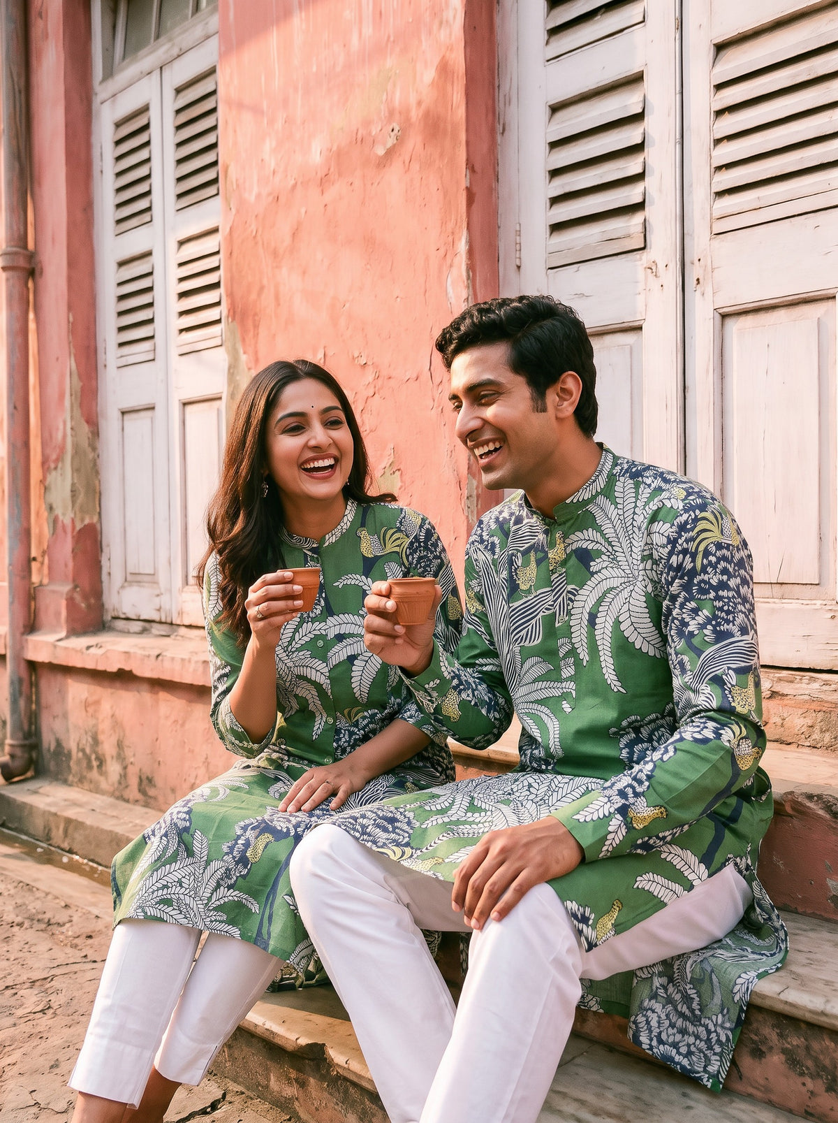 Jodi Collection by Gatim green tropical print couple kurta set, candid