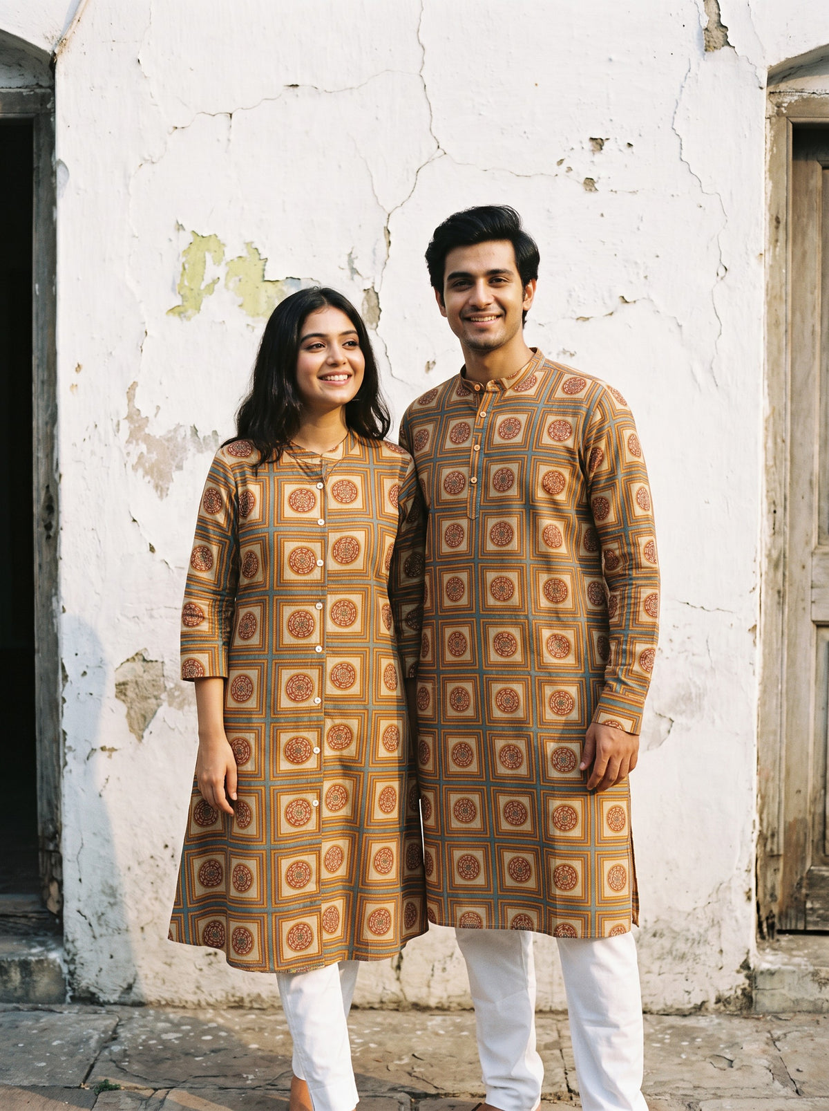 Jodi Collection by Gatim mustard medallion print couple kurta set, front view