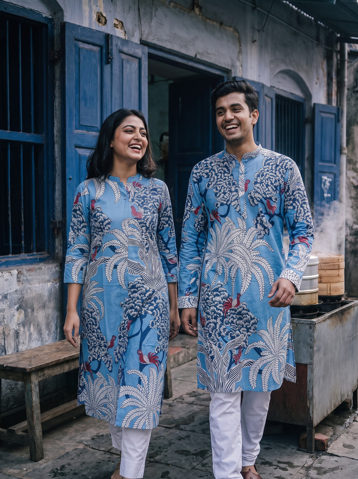 Jodi Collection by Gatim sky blue tropical print couple kurta set, walking
