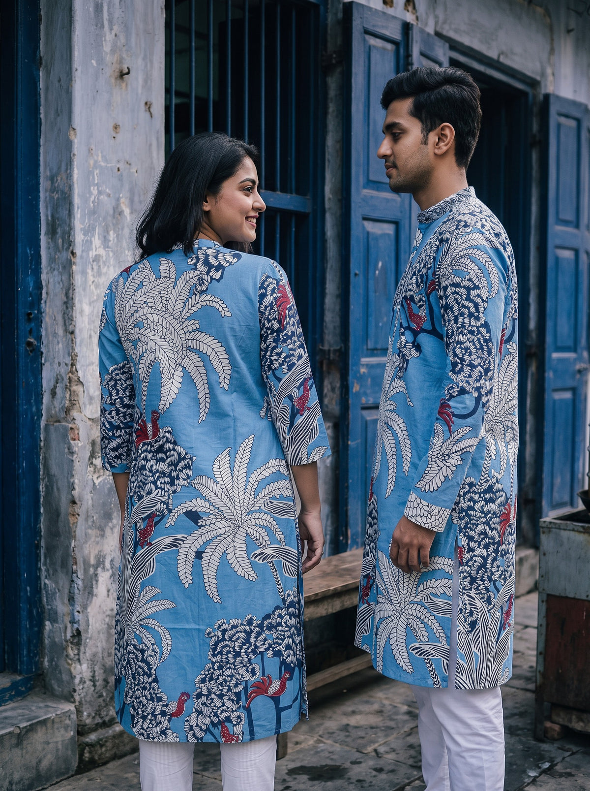 Jodi Collection by Gatim sky blue tropical print couple kurta set, side and back view