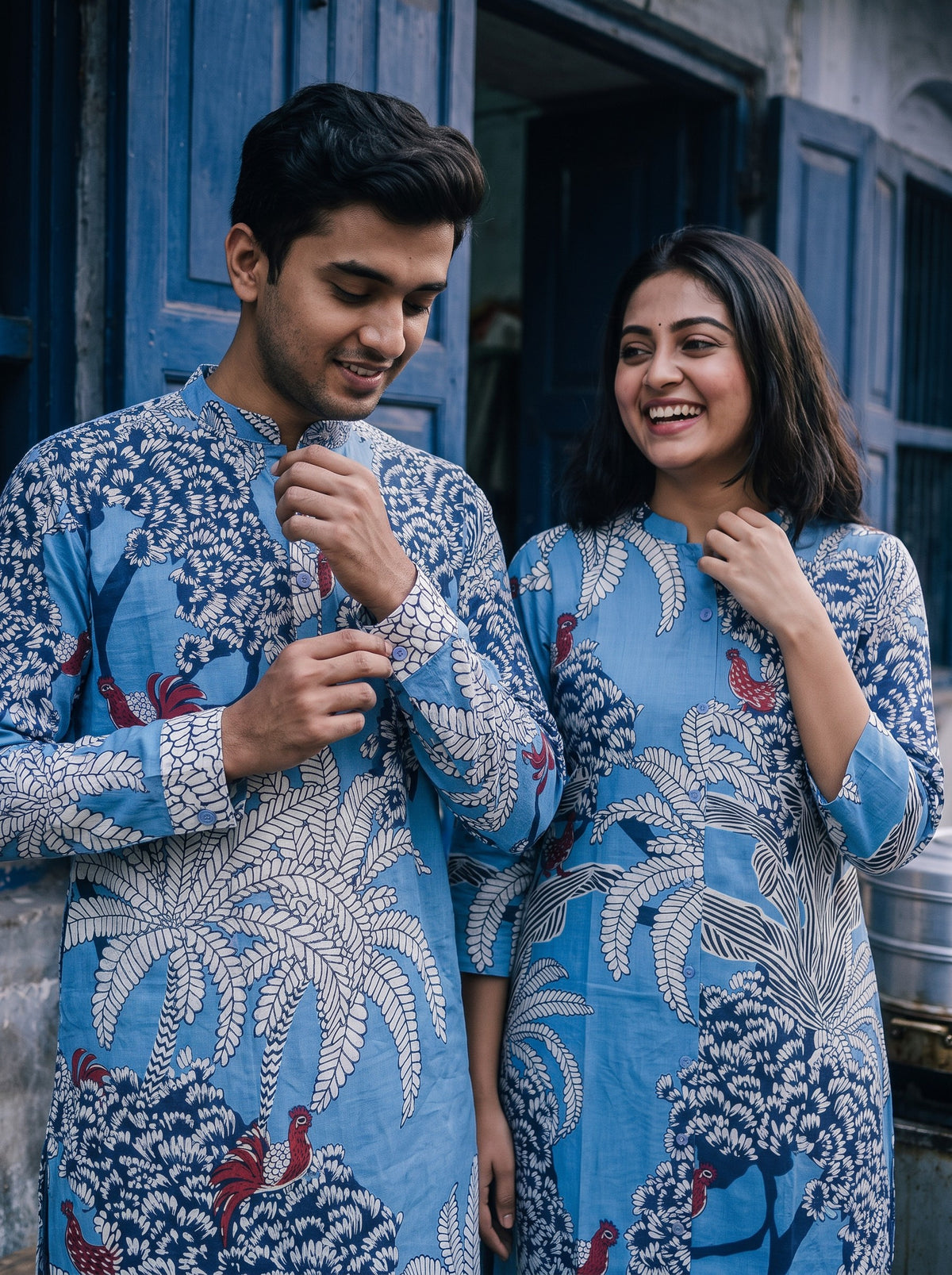 Jodi Collection by Gatim sky blue tropical print couple kurta set, cuff close up