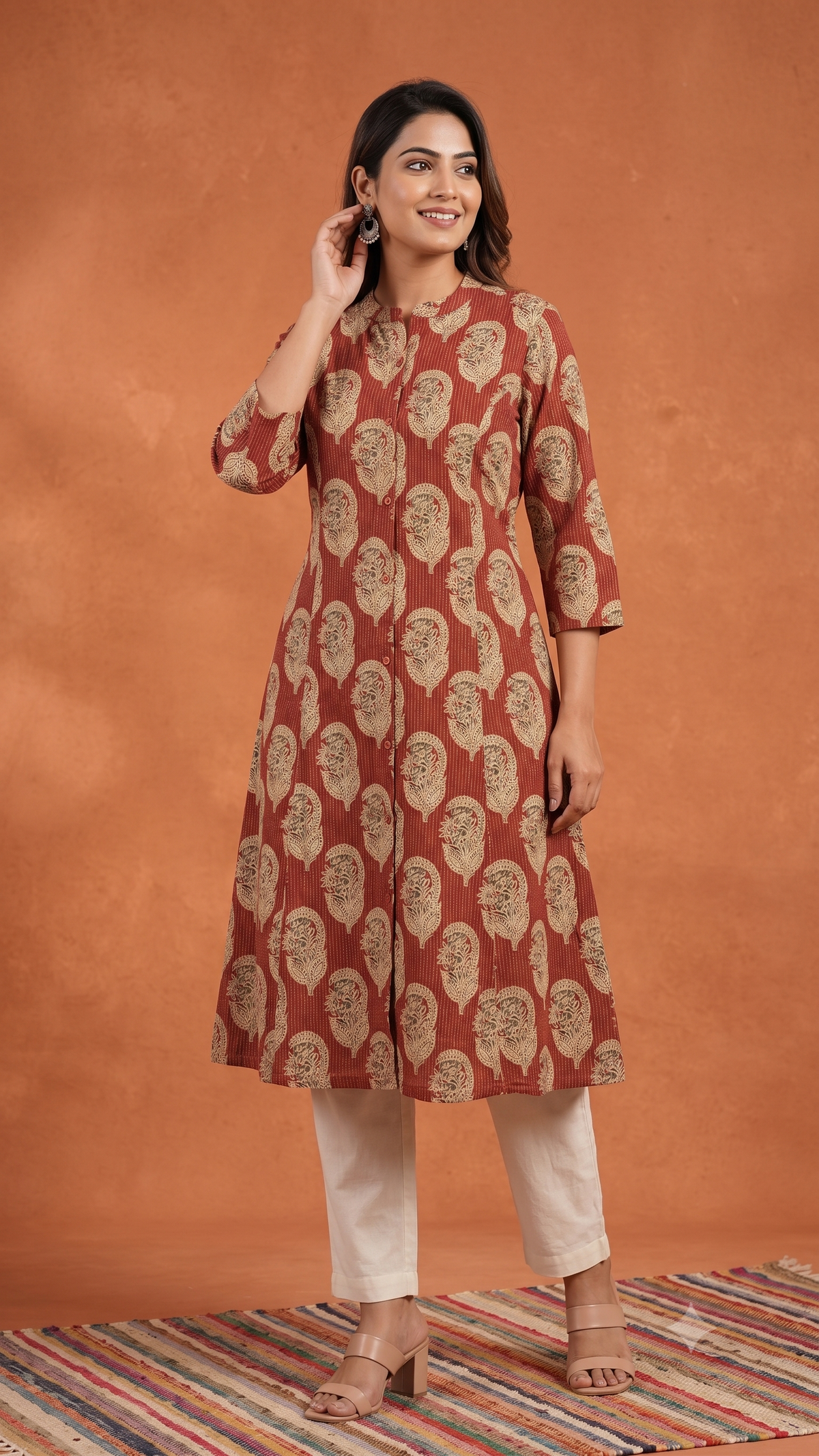 Floral Themed Kantha Stitch Traditional Flower Printed Kurti for Women - Maroon