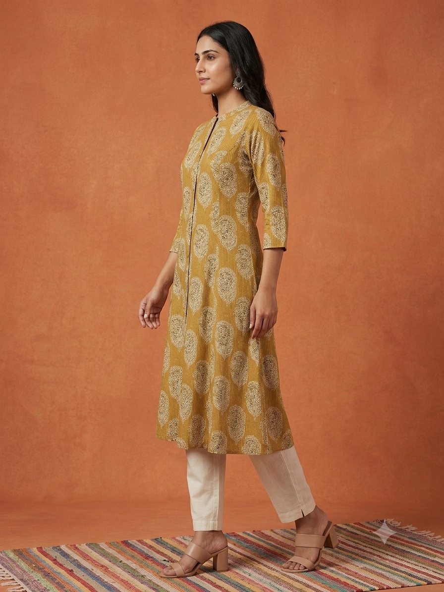 Floral Themed Kantha Stitch Traditional Flower Printed Kurti for Women - Mustard Yellow