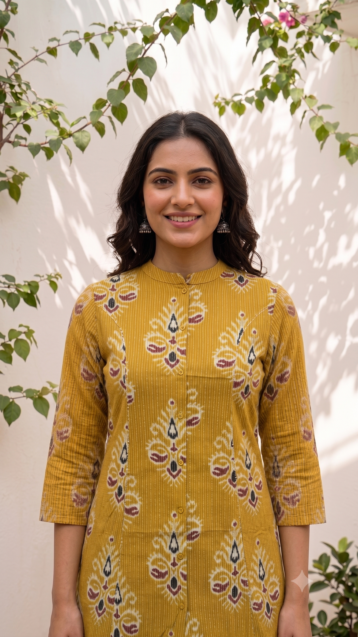 Floral Themed Kantha Stitch Traditional Patch Flower Printed Kurti for Women - Mustard Yellow