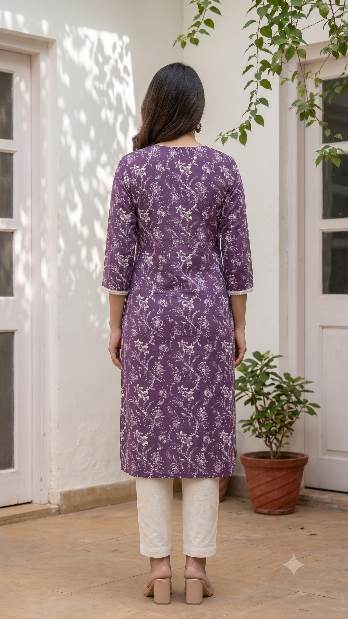 Floral Hand Block Print Cotton Kurti with Lace Neck - Purple