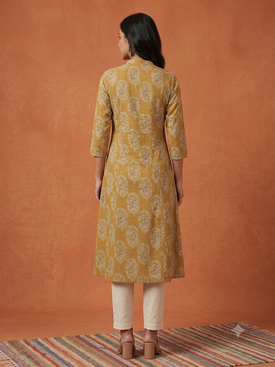 Floral Themed Kantha Stitch Traditional Flower Printed Kurti for Women - Mustard Yellow