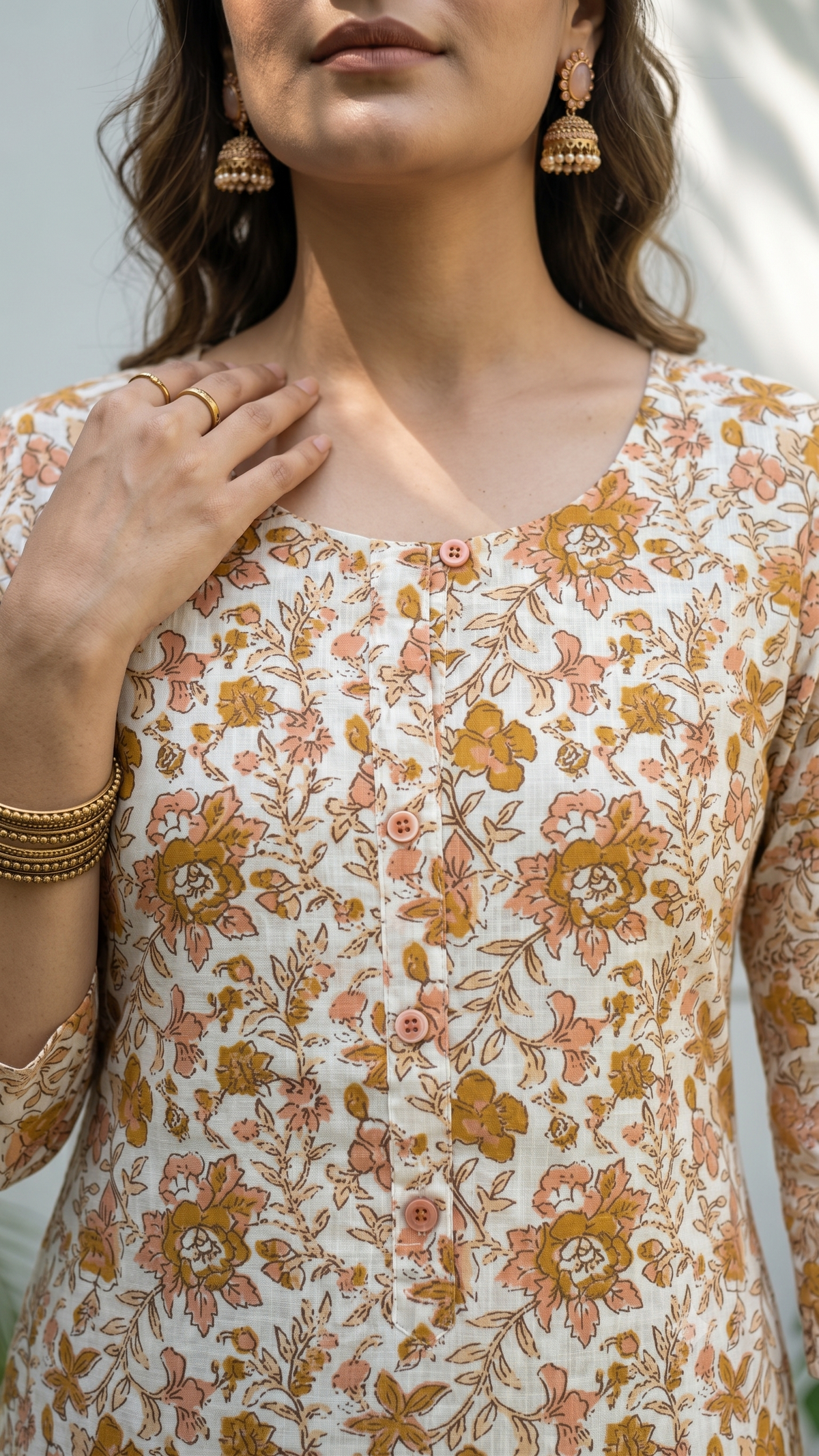 Flower Printed White Base Round Neck Daily SImple Cotton Kurti for Women - Yellow