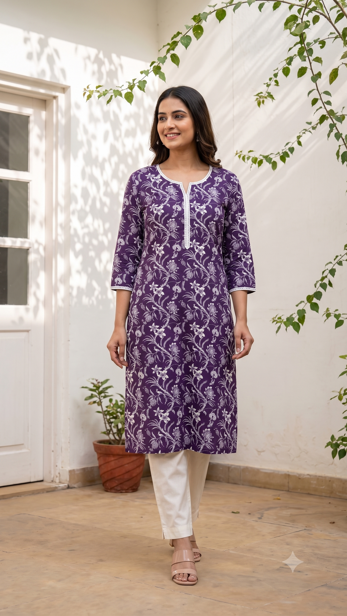 Floral Hand Block Printed Long Lace Neck Cotton Kurti - Purple
