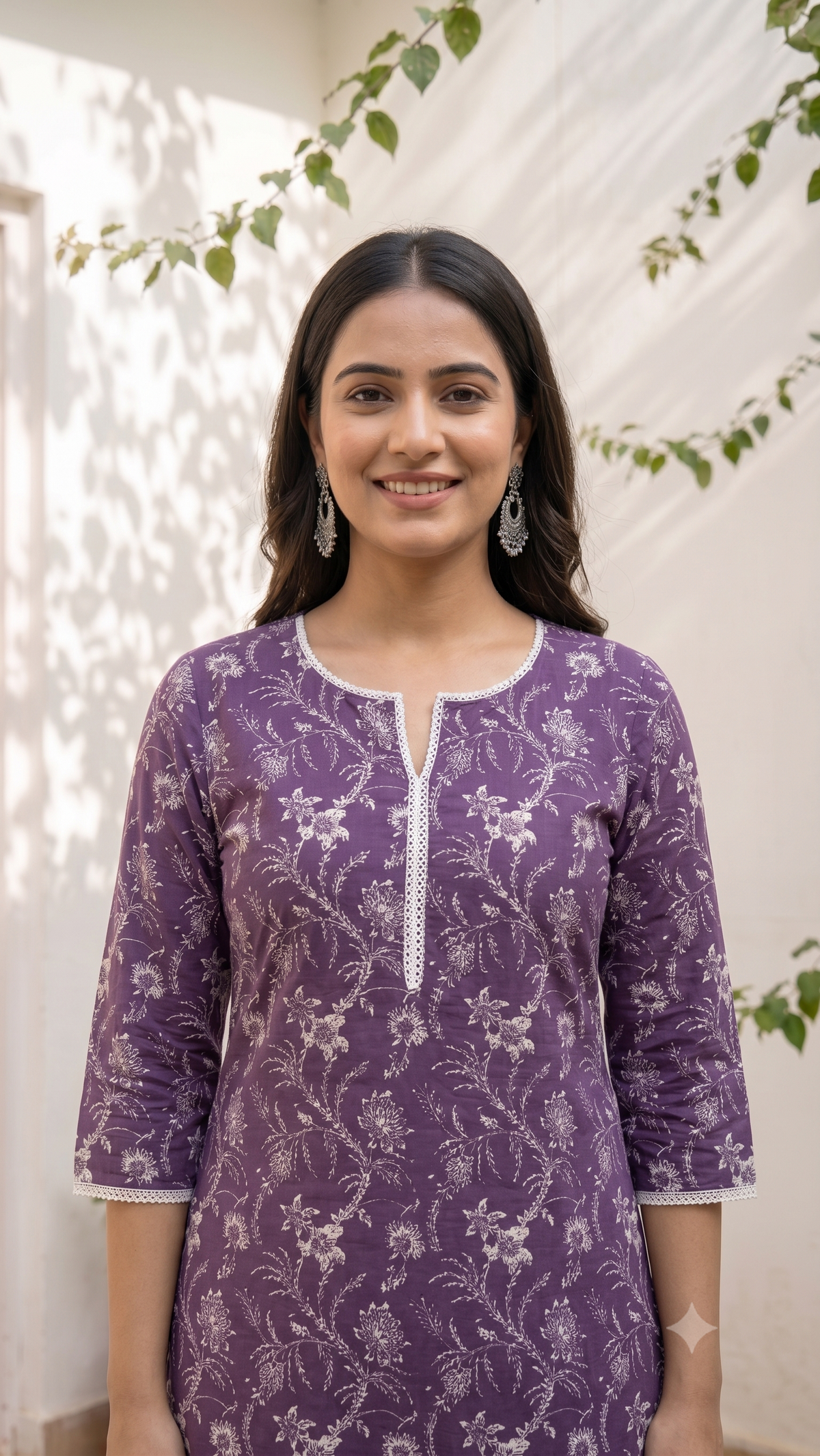 Floral Hand Block Printed Long Lace Neck Cotton Kurti - Purple