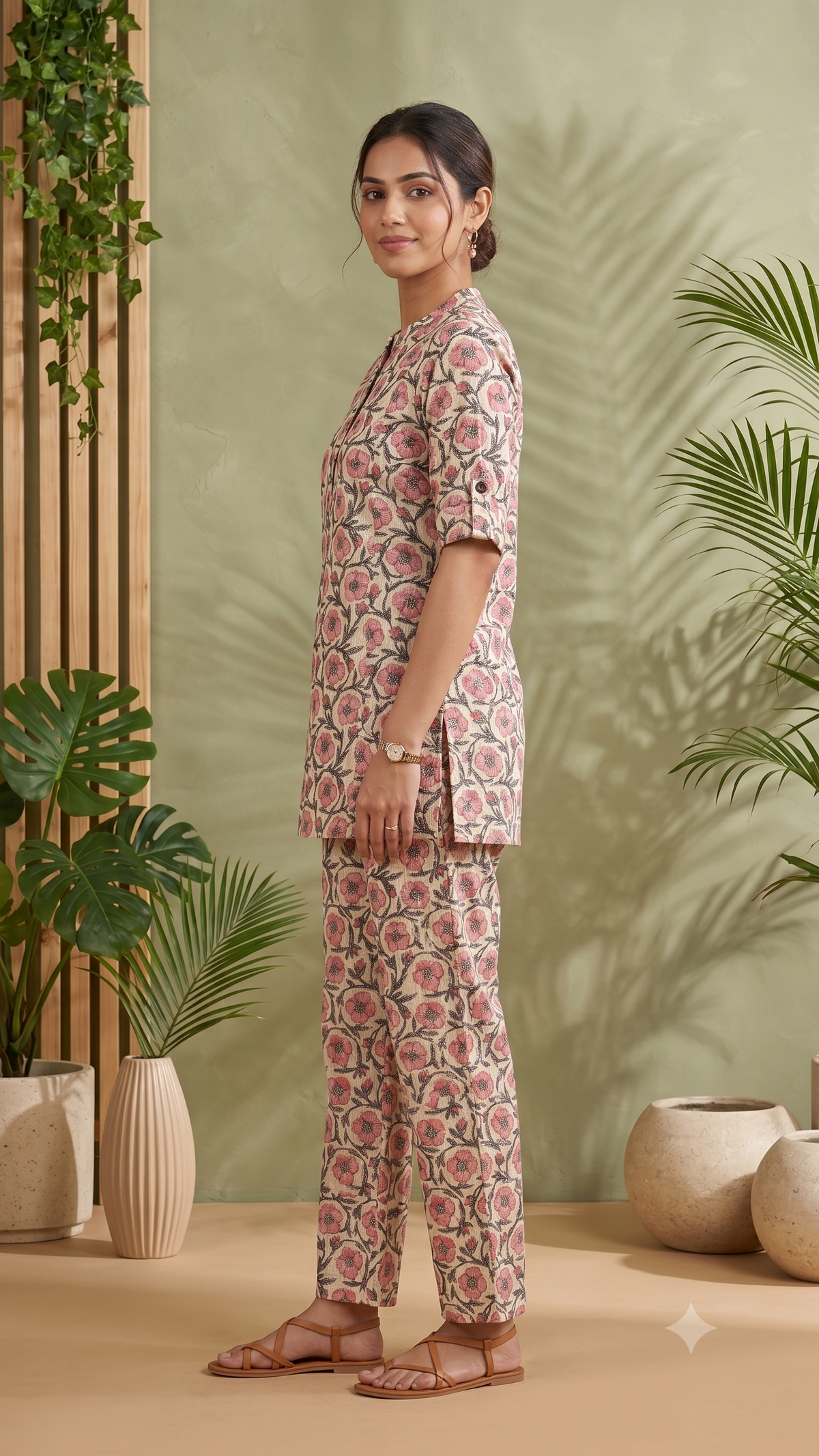 Pink Floral Printed Kantha Stitched Cotton Co-ord Set for Women - Pink and White