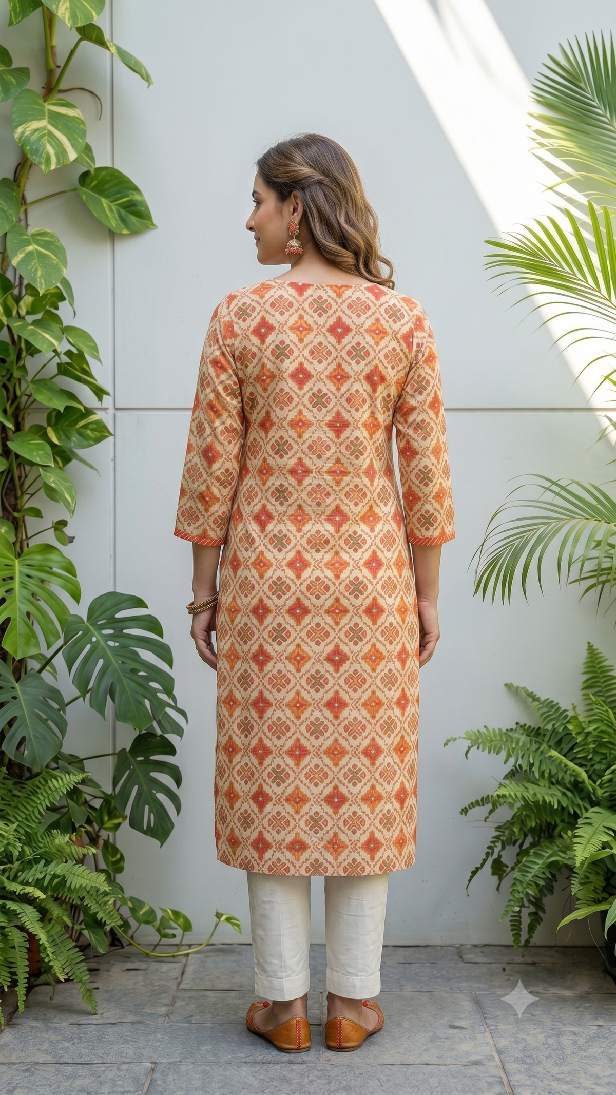 Diamond-Inspired Geometric Printed Straight-fit Kurti For Women - Peach