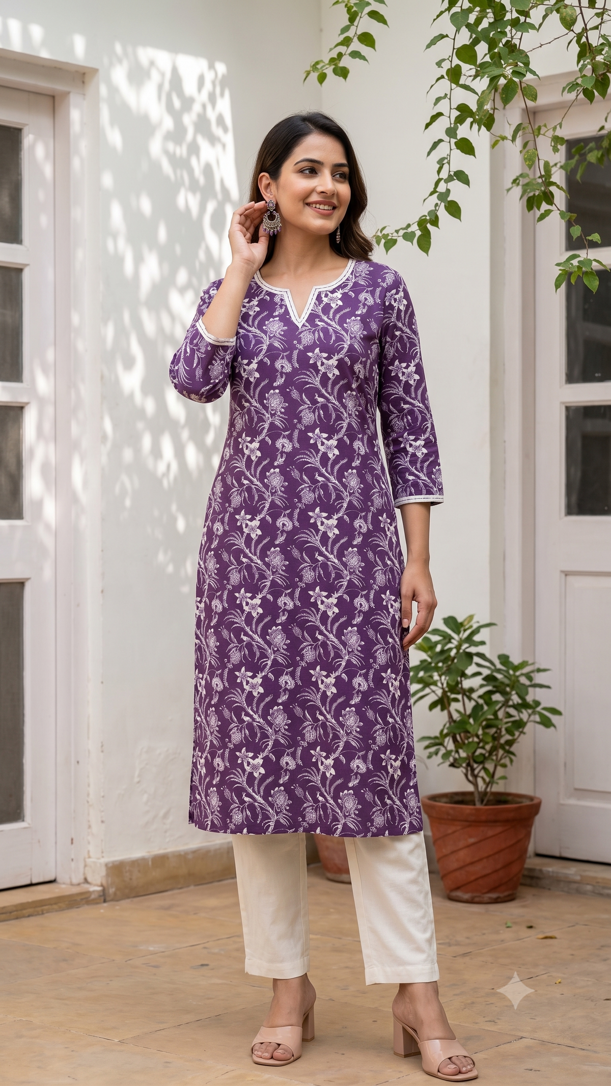Floral Hand Block Print Cotton Kurti with Lace Neck - Purple