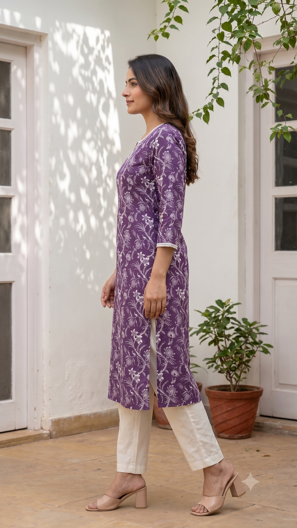 Floral Hand Block Print Cotton Kurti with Lace Neck - Purple