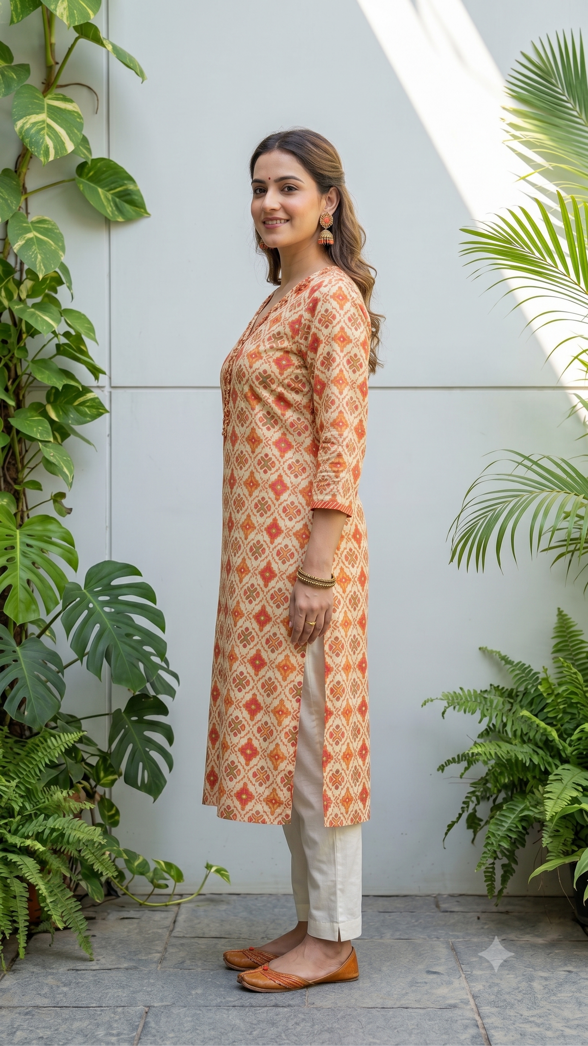 Diamond-Inspired Geometric Printed Straight-fit Kurti For Women - Peach