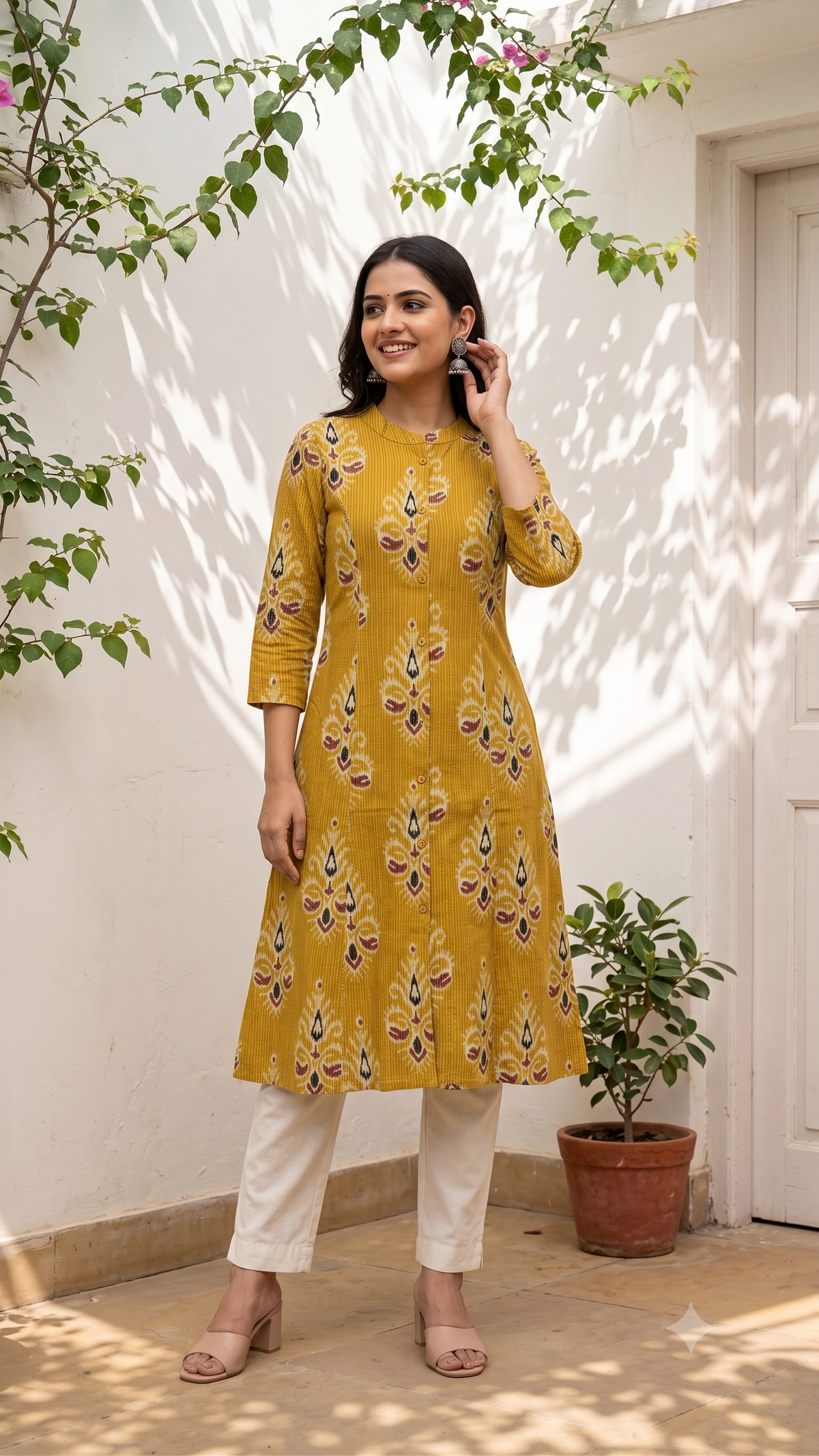 Floral Themed Kantha Stitch Traditional Patch Flower Printed Kurti for Women - Mustard Yellow