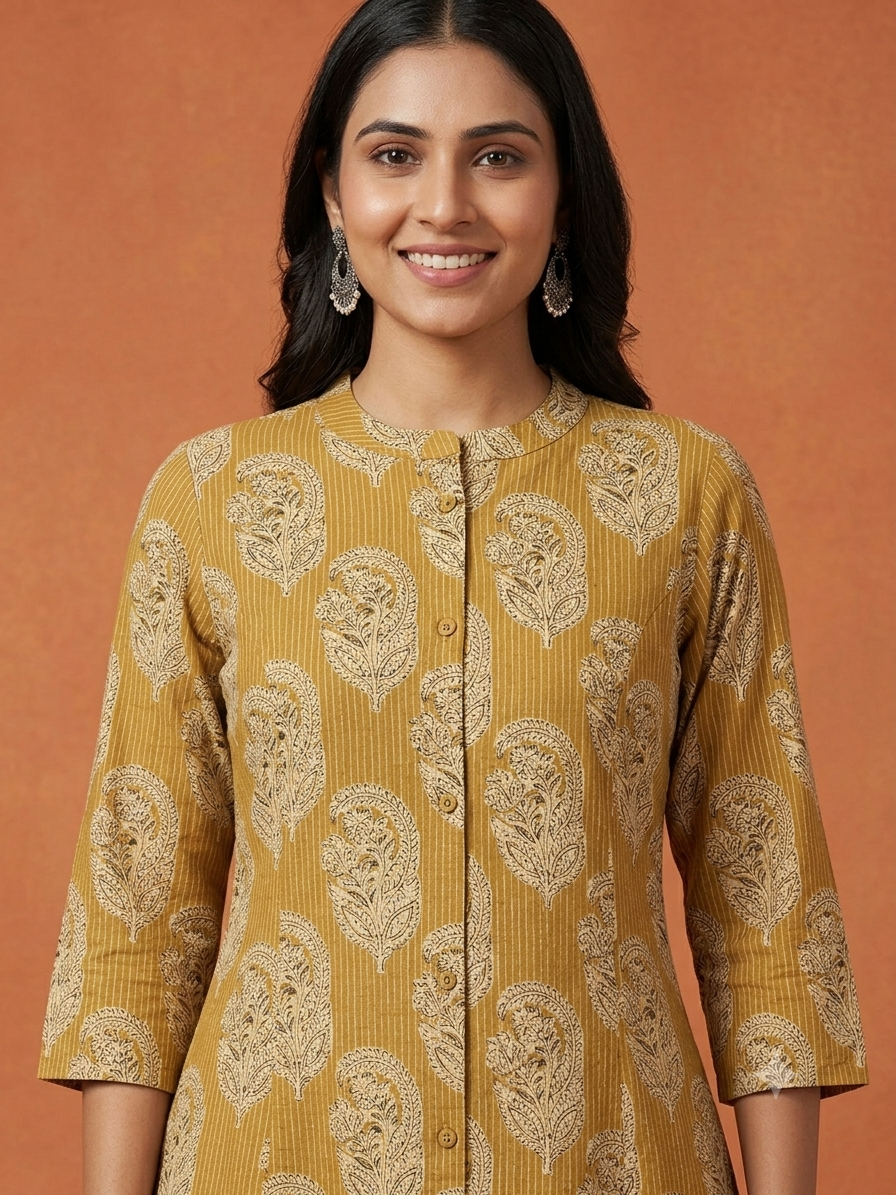 Floral Themed Kantha Stitch Traditional Flower Printed Kurti for Women - Mustard Yellow