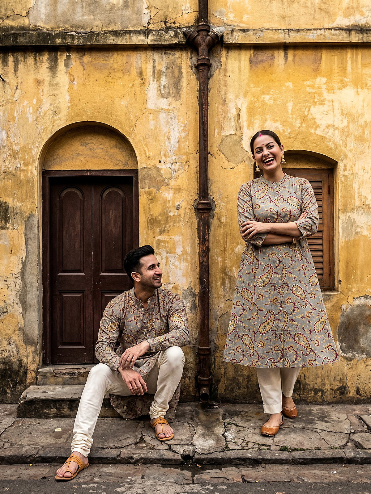 Jodi Collection by Gatim grey paisley couple kurta set, front view