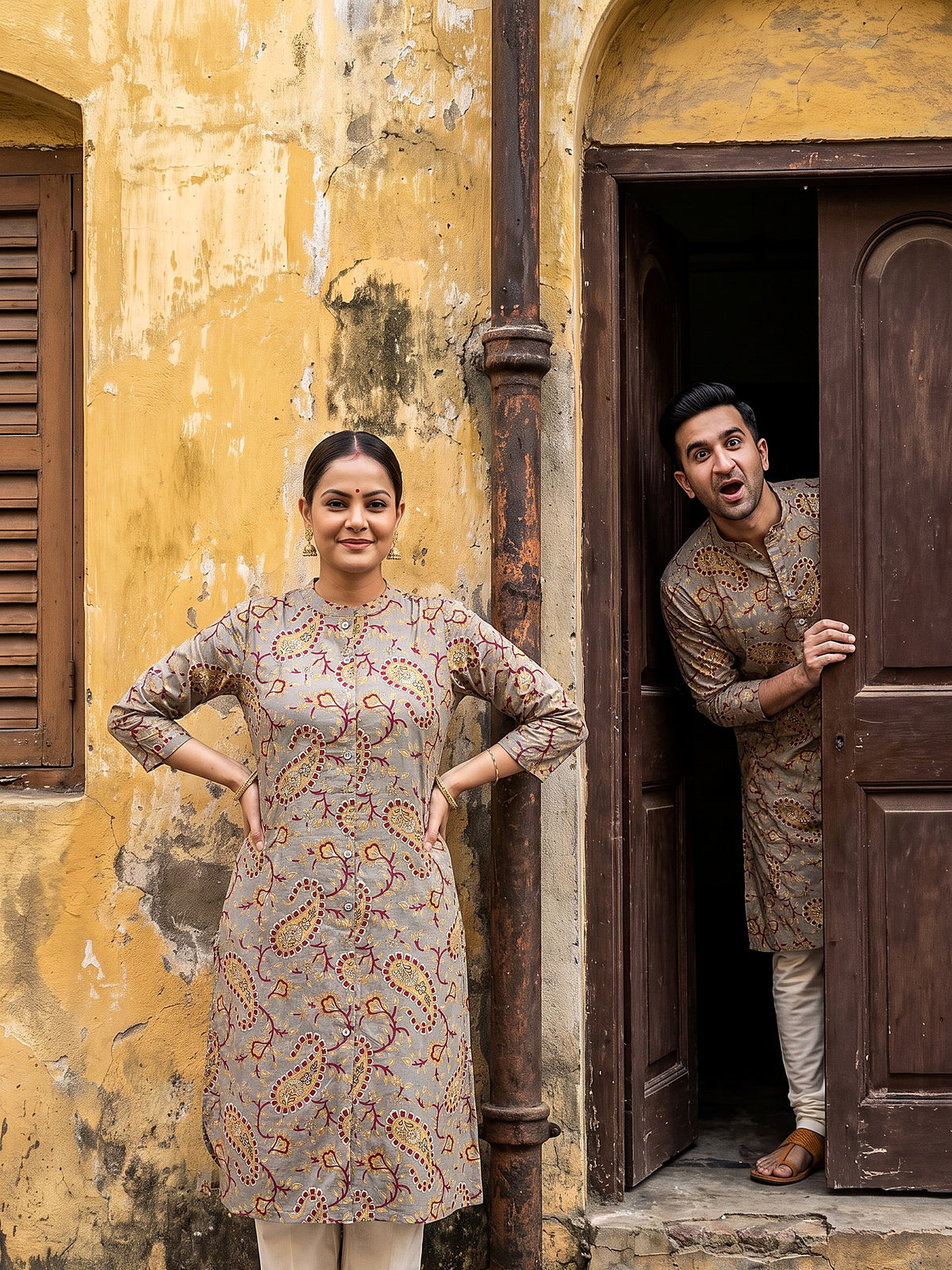 Jodi Collection by Gatim grey paisley couple kurta set, fun pose