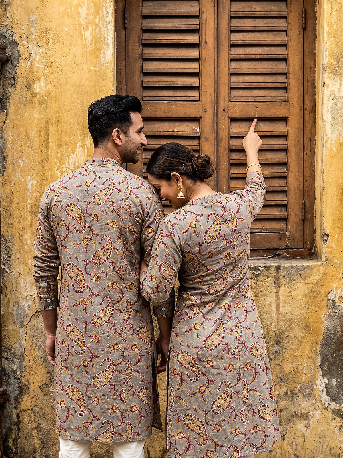 Jodi Collection by Gatim grey paisley couple kurta set, back view