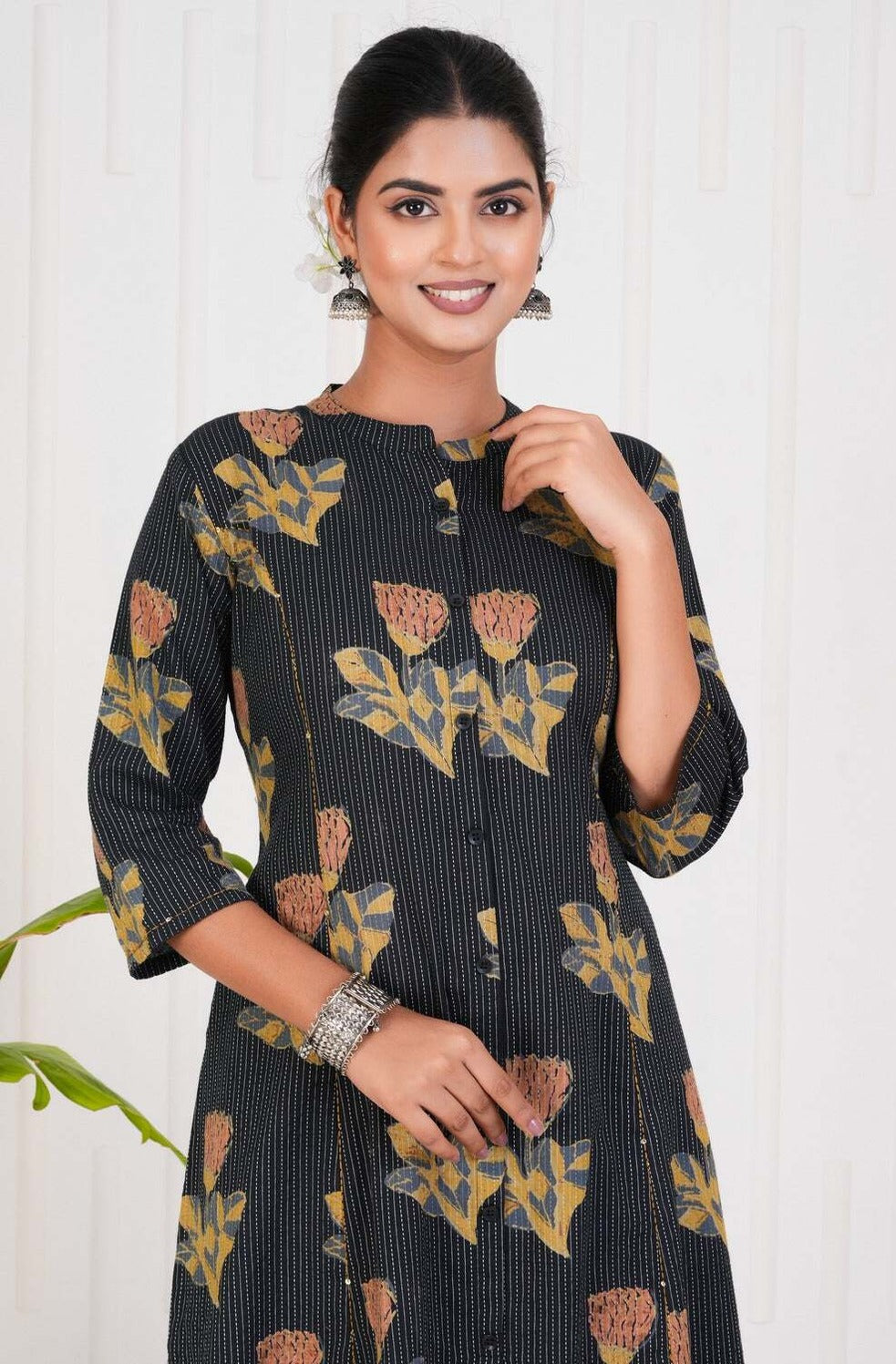 Black With Floral Print Cotton Kurti