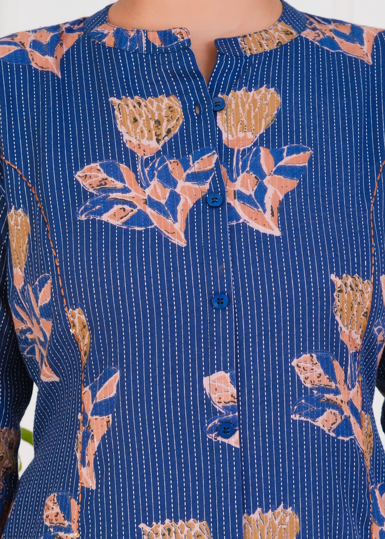Blue With Floral Print Cotton Kurti