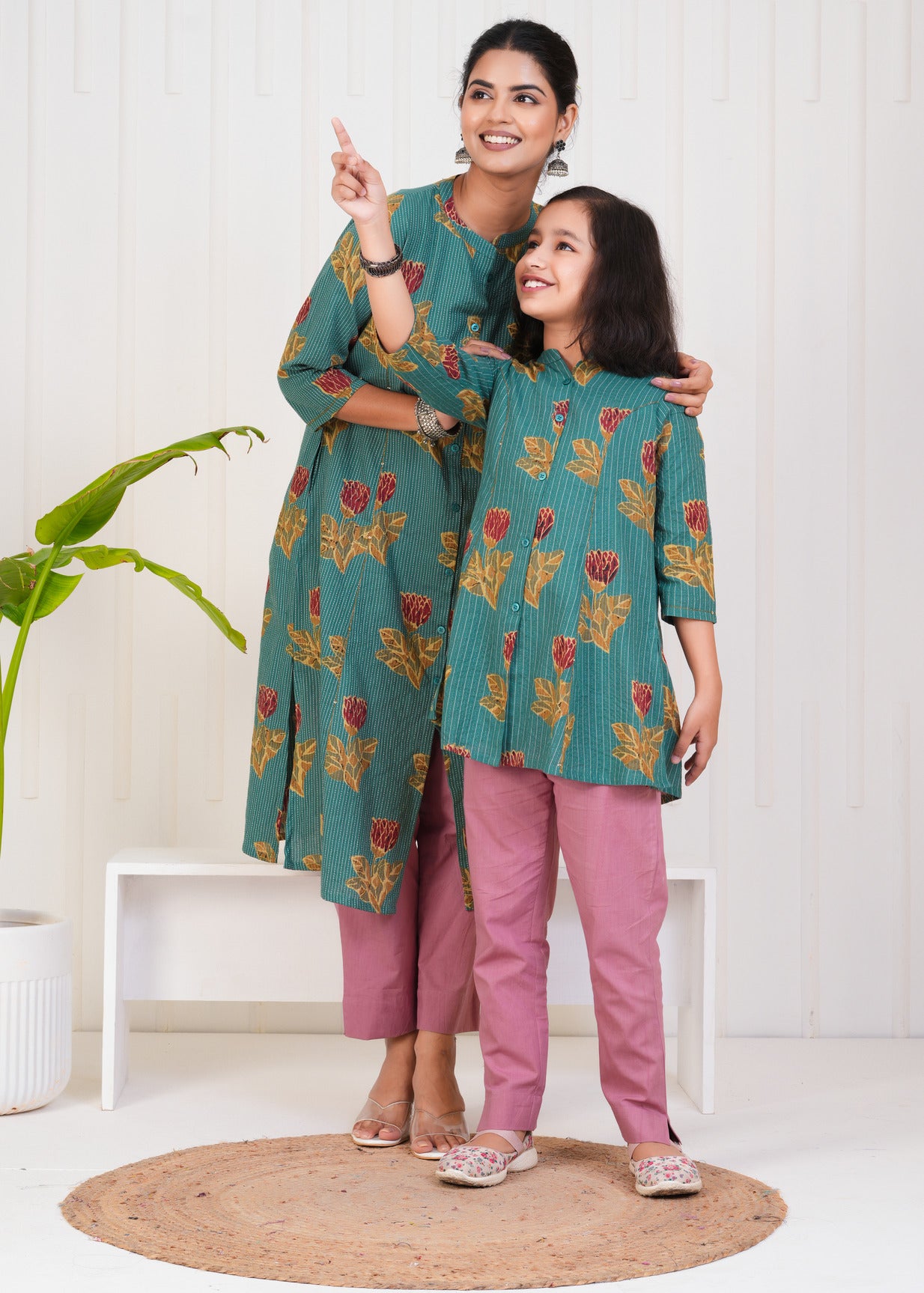 Green With Floral Print Cotton Kurti