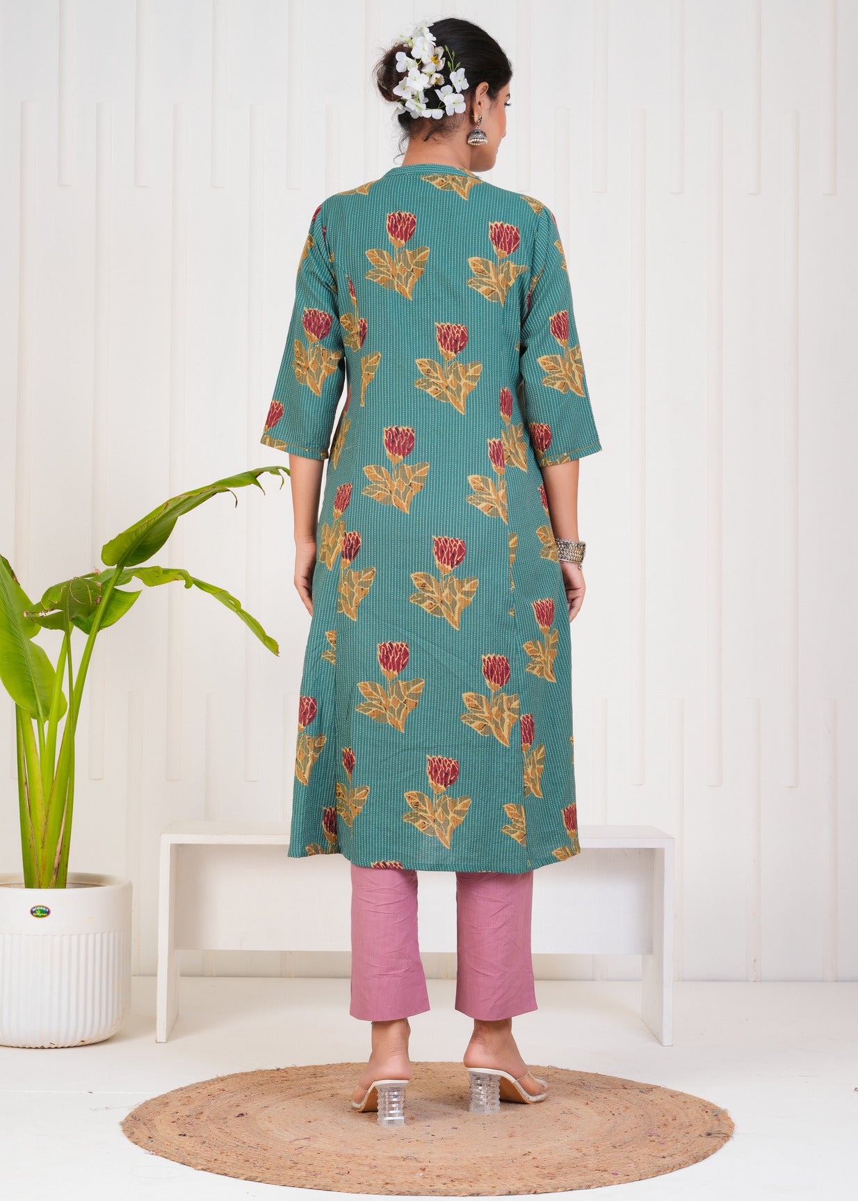 Green With Floral Print Cotton Kurti